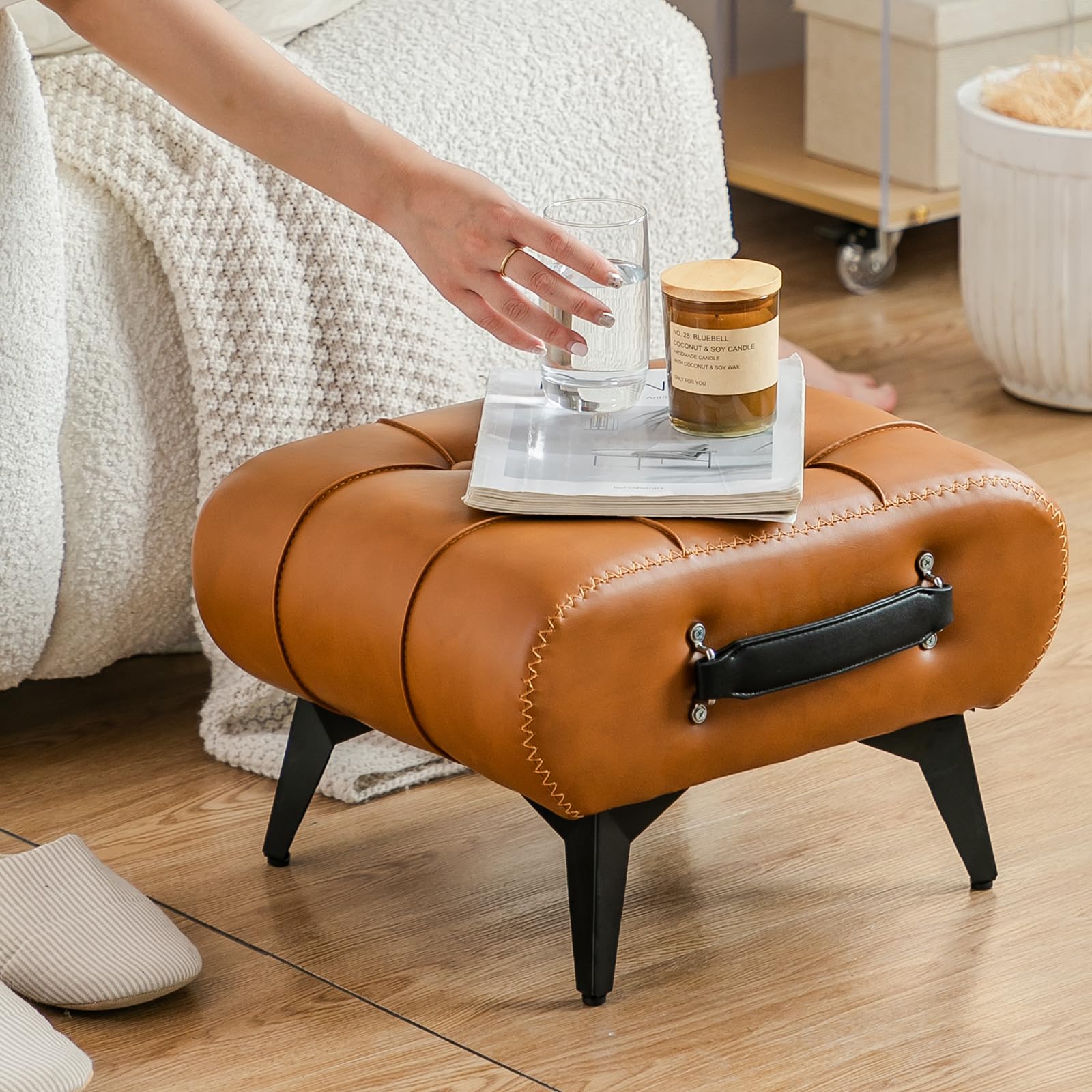 Purgreen Small Footstool Ottoman - Stylish and Functional Faux Leather Footrest for Extra Seating in Living Room, Entryway, or Office