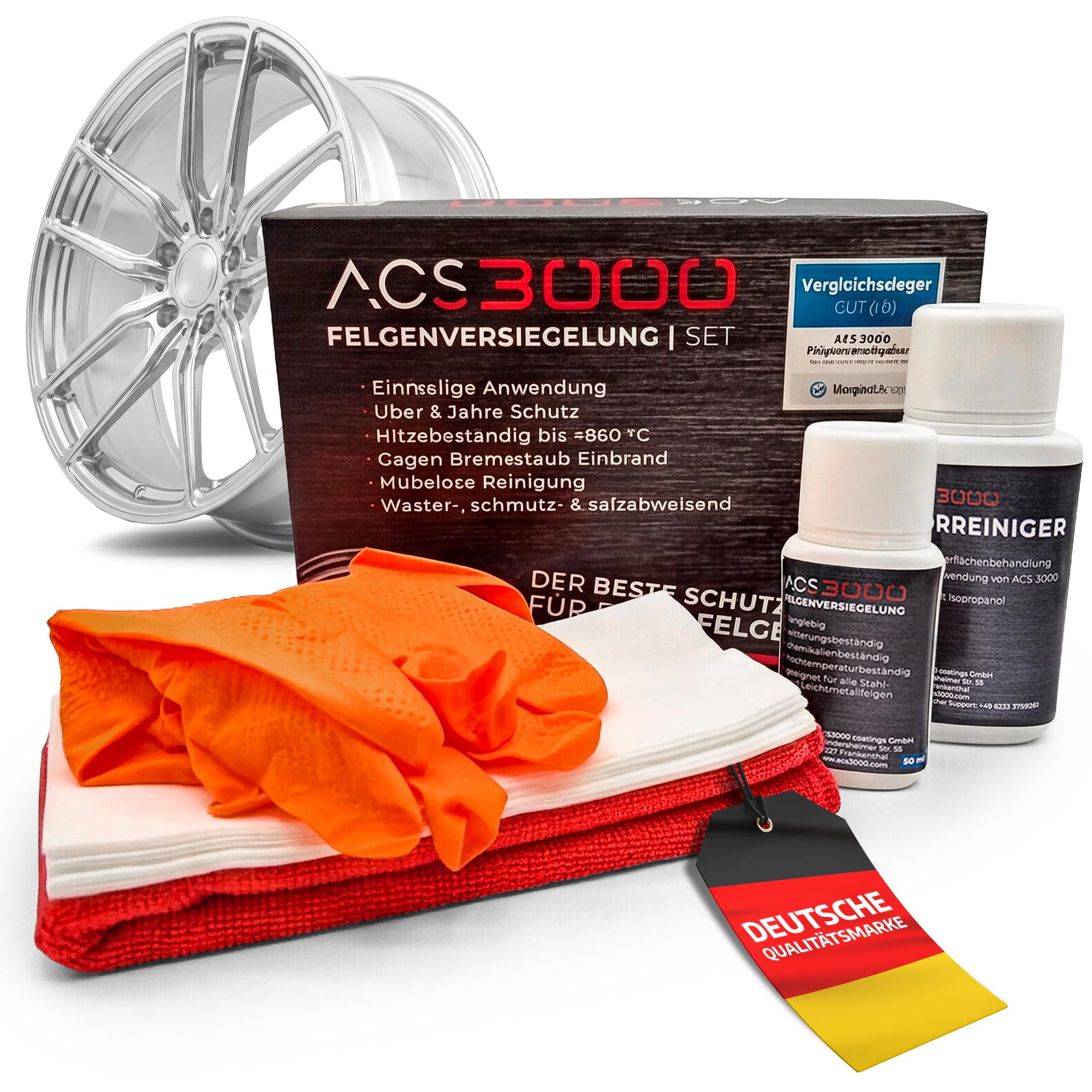 ACS3000 Felgenversiegelung Set. 5 Jahre Hochglanz und Schutz vor Salz, Bremsstaub und Verschmutzung bis +850°C bei einmaliger Anwendung. Set mit Vorreiniger, Handschuhen, Tüchern und Felgenversiegelung (50 ml)