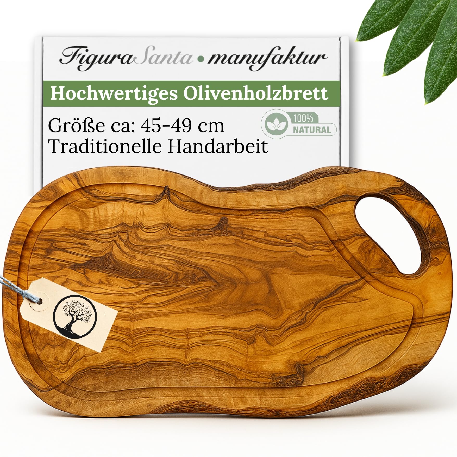 Schneidebrett Olivenholz -Holzbrett Küche mit Saftrille und Griff - massives Steakbrett Olivenholzbrett antibakteriell - alternative zu Schneidebrett Kunststoff (45-49cm)