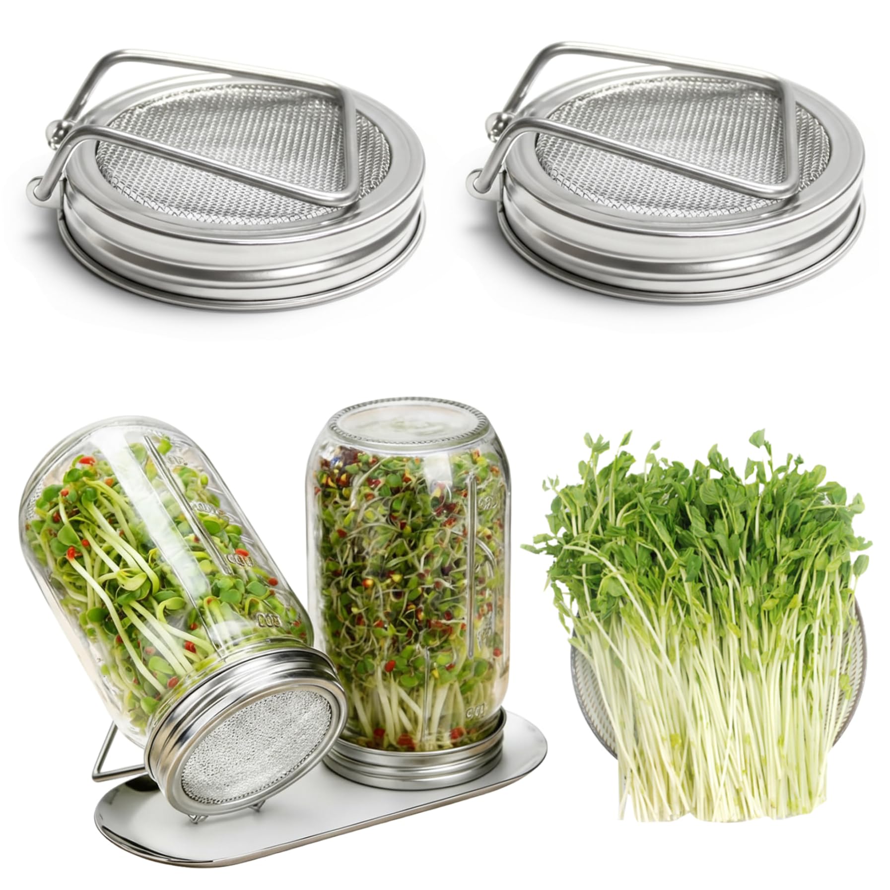 Gemuseeee Sprouting Lids 2PCS Stainless Steel Sprouting Jar Lids With Stand Transparent Wide-mouth Mason Jar Strainer Lid Silver 3.39inch