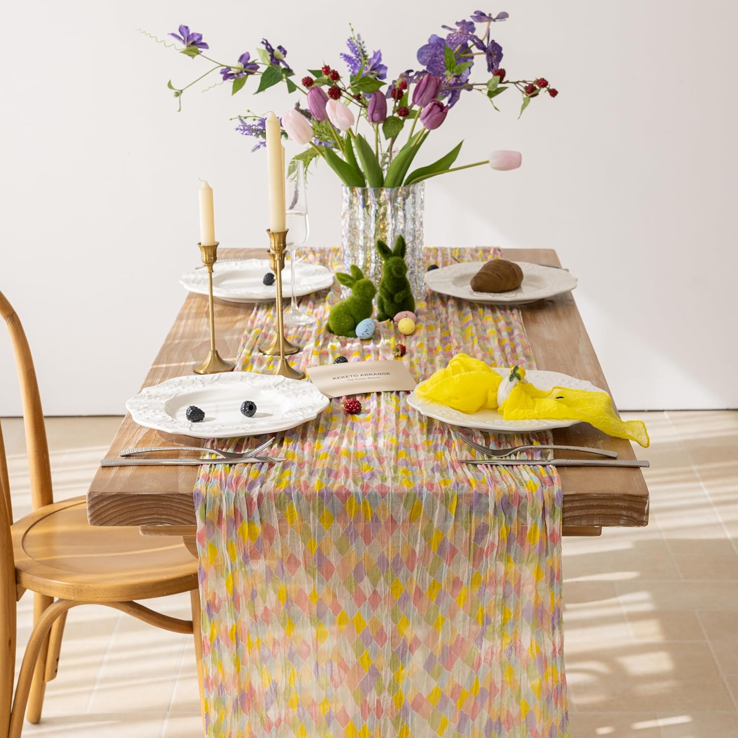 Keketoarrange Table Runner Diamond Cheesecloth Sheer Gauze Rustic Colorful Runner Decor 120 Inch 10 FT Cheese Cloth for Holiday Kitchen Dining Wedding Party Spring Summer Home Decorations