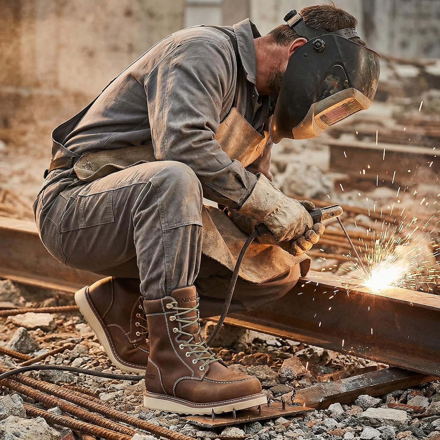 NINGO Steel Toe Work Boots for Men, 8 Inches Waterproof Moc Toe Construction Boots, Goodyear Welt Non Slip Wedge Outsole, Full-Grain Leather EH Rated Mens Safety Work Shoes, for Industrial, Welding