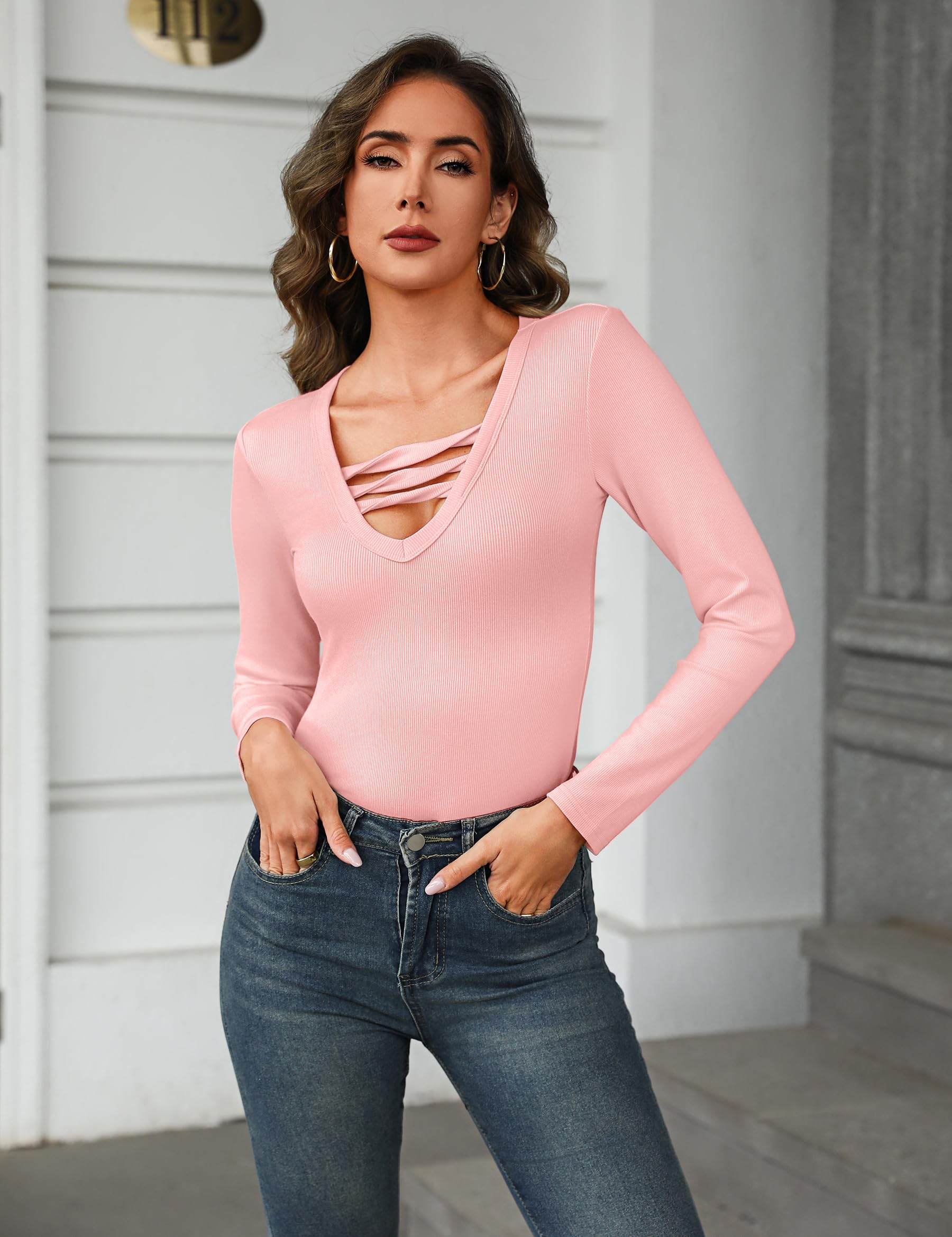 Demegimi Maglietta Donna Manica Lunga Scollo a V T-Shirt Sexy Elegante Tinta Unita Top Slim Fit Basic T-Shirt per Autunno Inverno