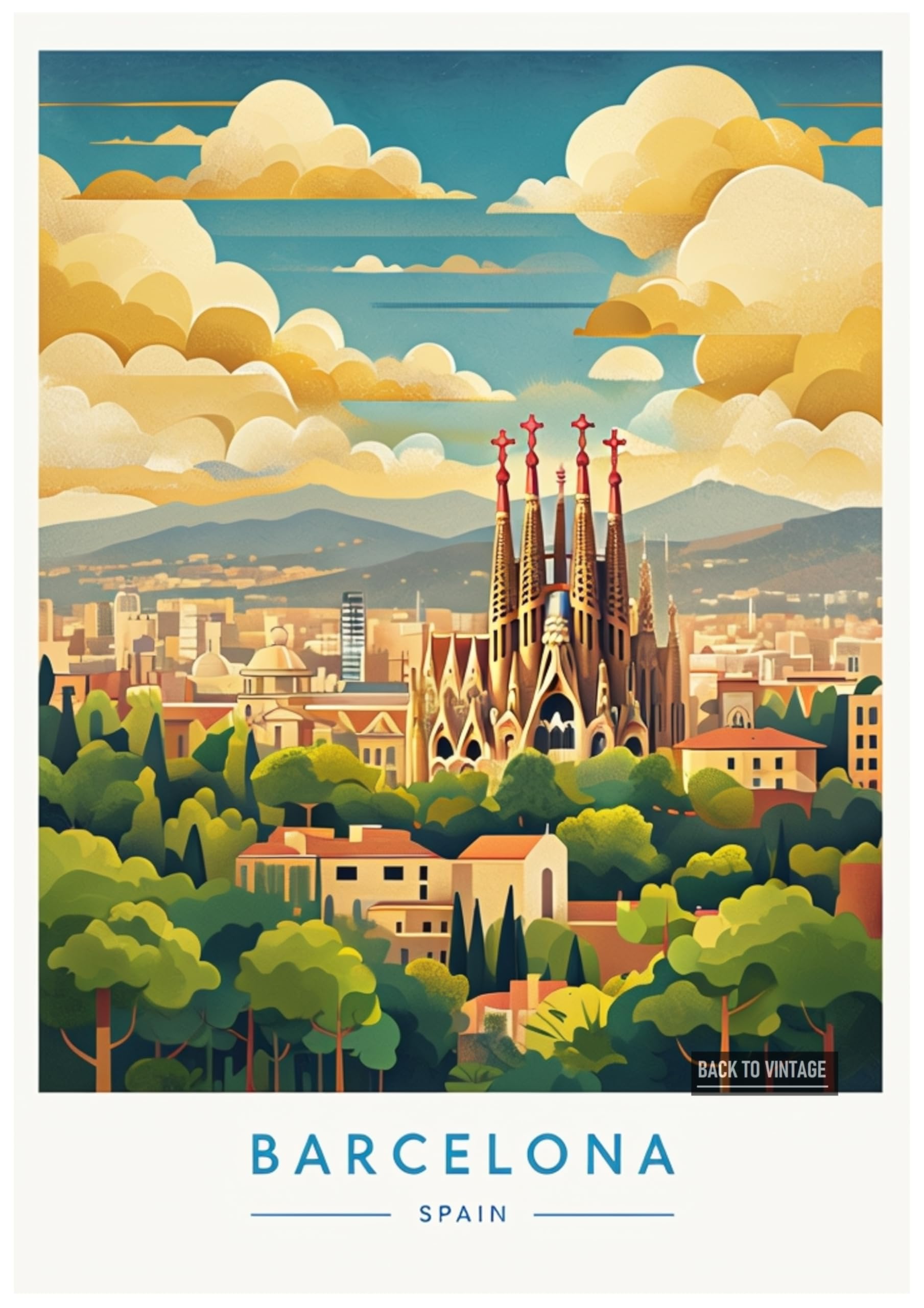 Vibrant Vintage Travel Poster Illustration Of Barcelona City Cityscape - Retro Europe Travel Poster A4 Size Vintage Wall Art Print of Famous European Destinations Ideal for Home or Office Decor