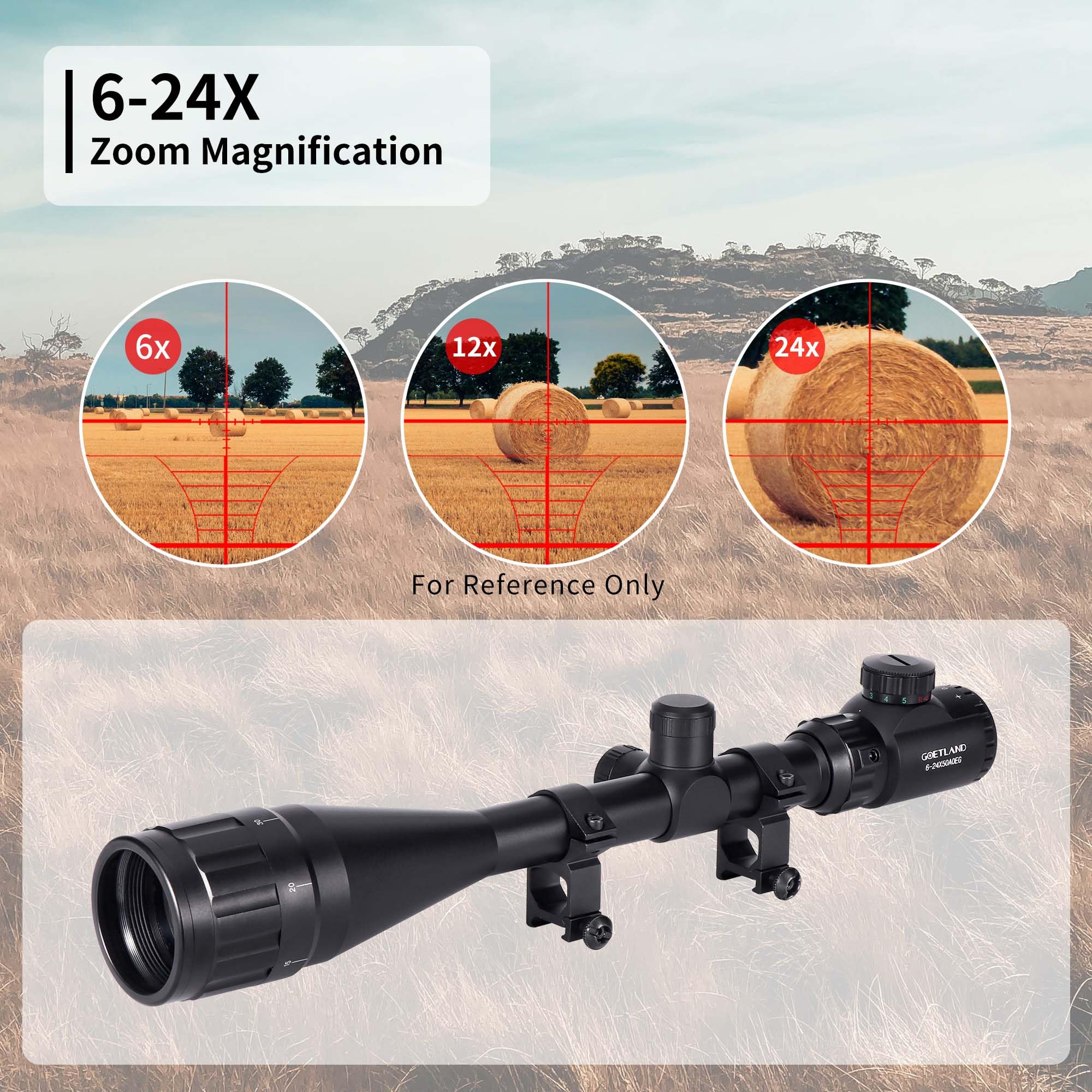 Goetland Lunettes de Visée 6-24x50 AOEG Telemetre Red Dot Rouge Vert Illuminé Rangerfinding SFP pour Tactique Chasse Airsoft Arbalète Carbine Tir Sportif