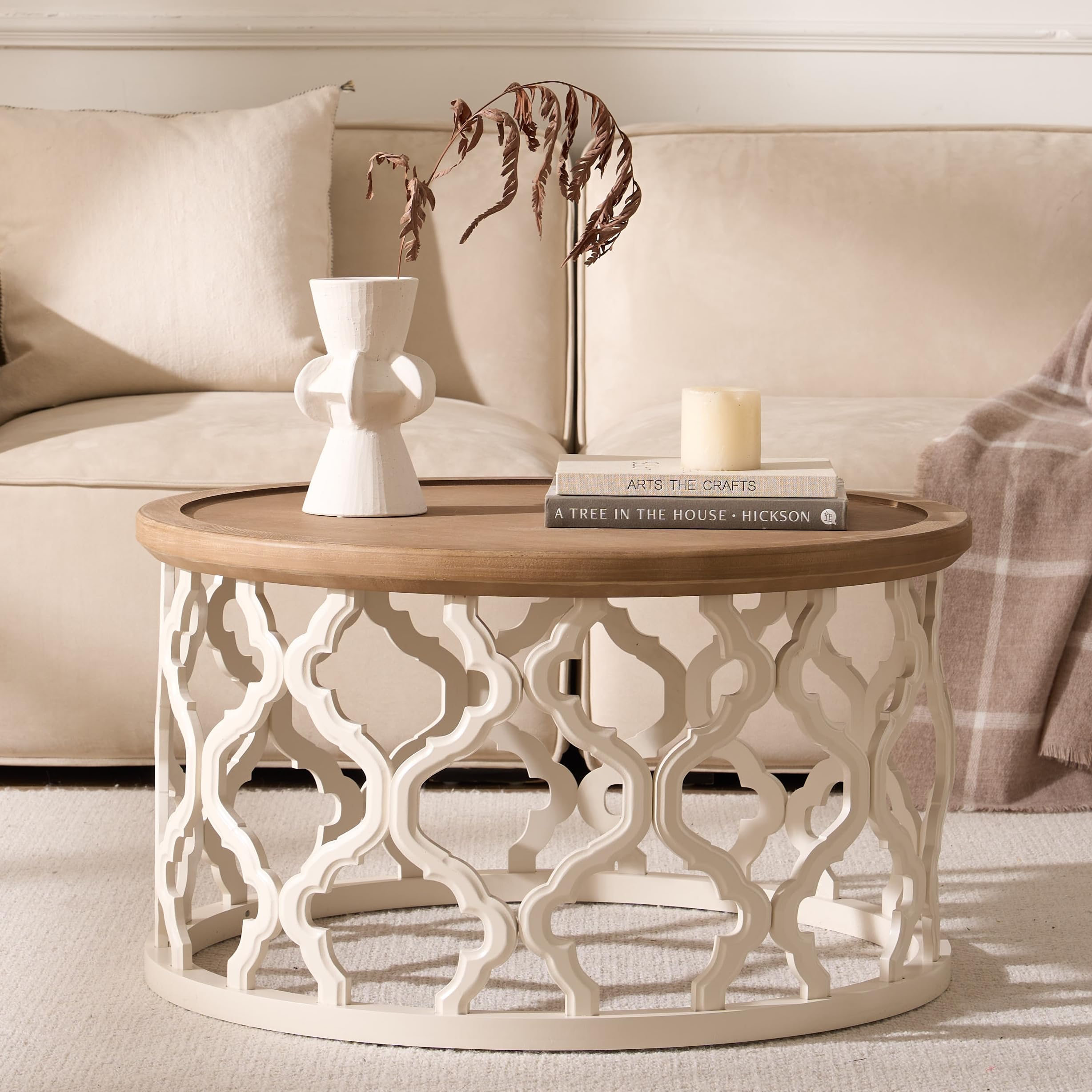 Table Basse Ronde, Table de Salon en Bois avec Pieds ajourés, Table Basse Moderne avec Bords surélevés pour Salon ou Chambre à Coucher, Table Basse Ronde Ø76x41cm (Ø76x41cm)