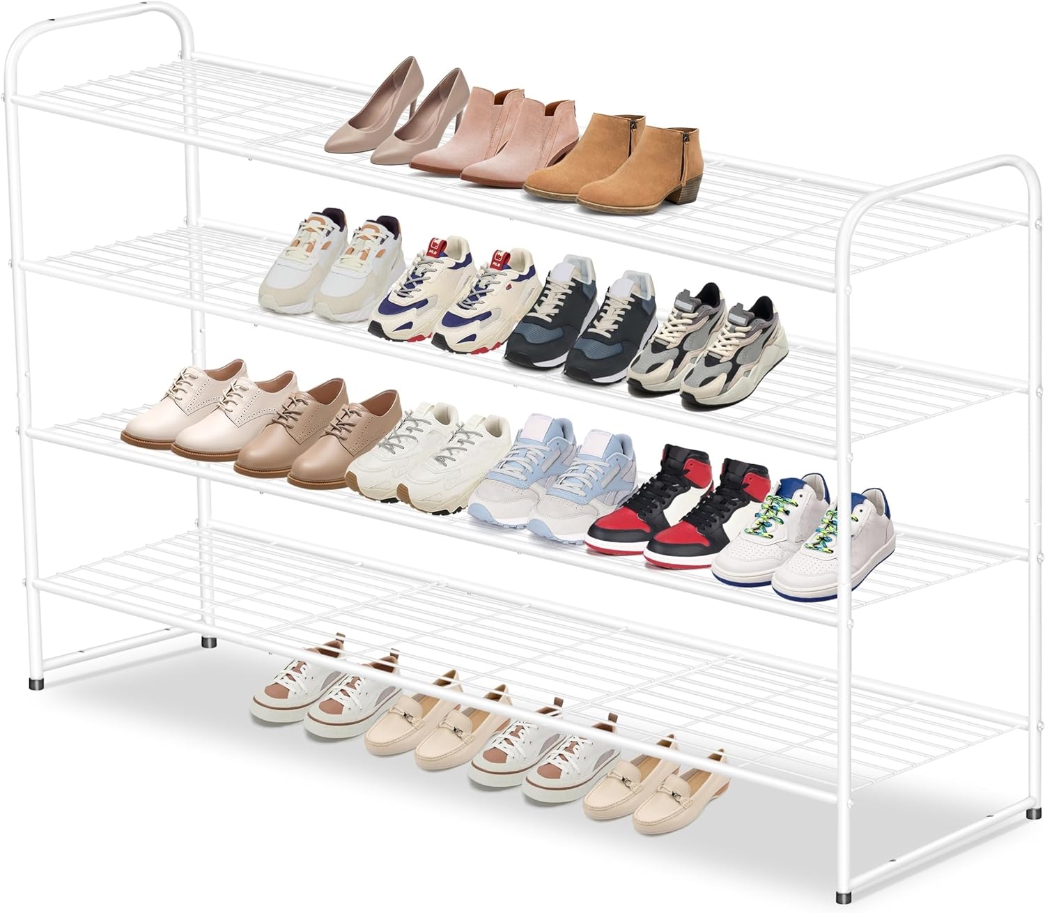 AOODA 4 Tier Long Metal Shoe Rack for Closet Wide Stackable Shoe Storage Organizer for Entryway, Bedroom, Floor, Holds 30 Pairs Men Sneakers Large Boot Shelf with Wire Grid, White