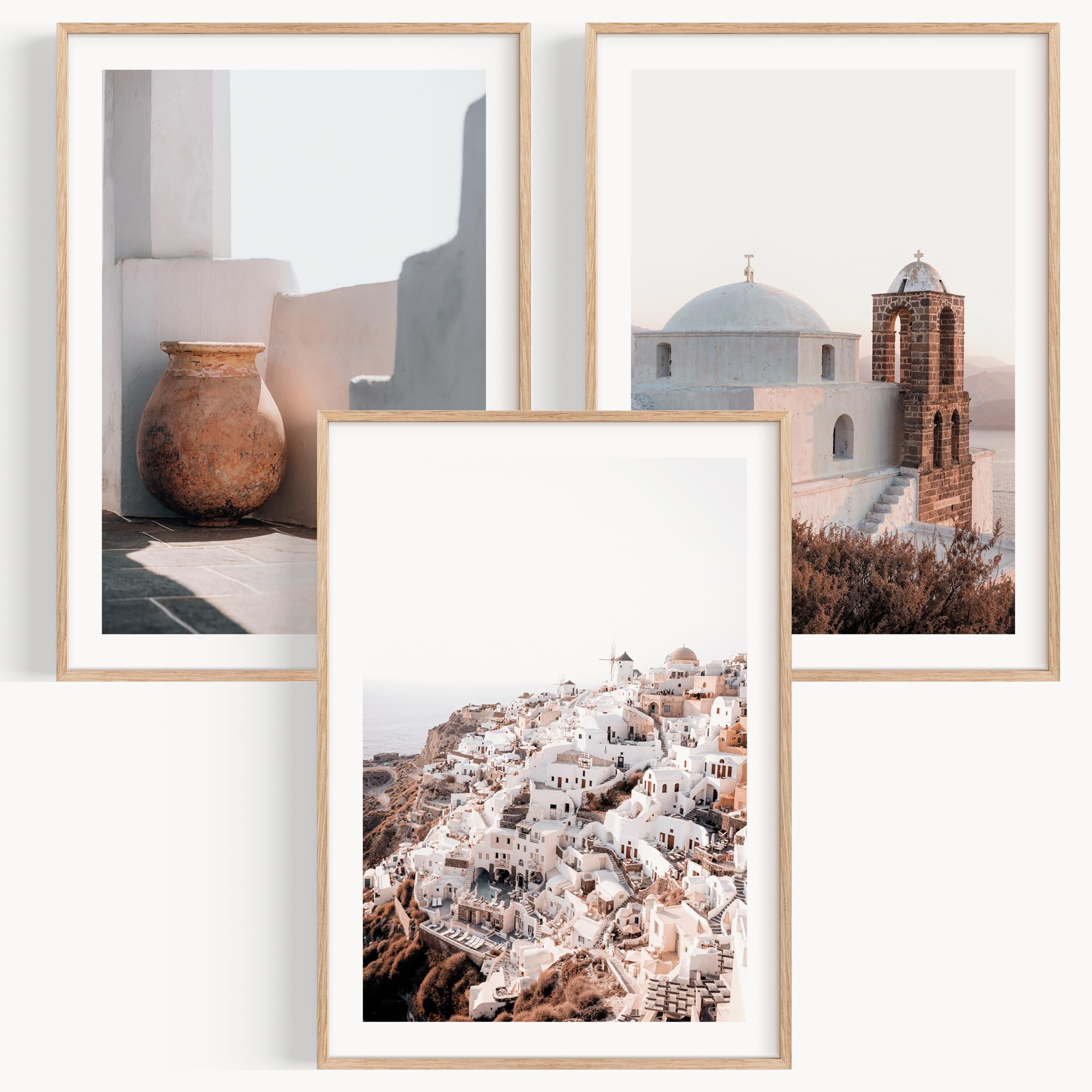 OHBIMBA® Set De 3 Cuadros Decoracion Salon Modernos Con Laminas Decorativas Pared Decoracion Marinera - Cuadros Decorativos Decoracion Pared (Beige Santorini, Láminas 50 x 70 cm - Sin Marco)