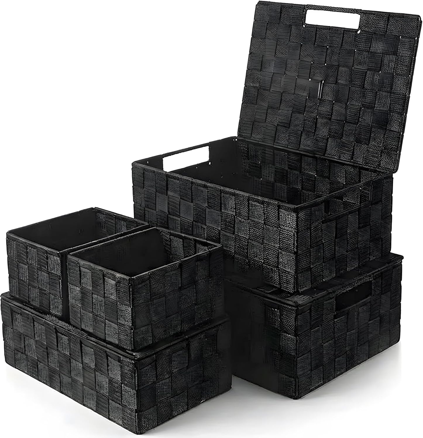 5 Piece Woven Storage Basket Set with Lids, Black Polypropylene Organizer Bins with Metal Frame and Handles, Multi Size Shelf Closet Drawer Storage Boxes