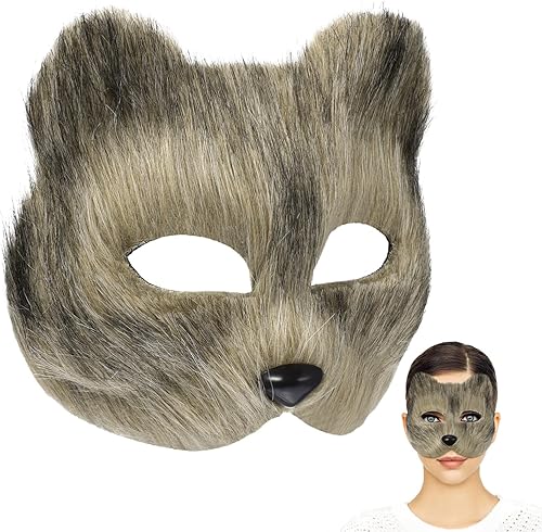 Miniatura 2 de LUOEM Máscara de animal de Halloween, accesorio de disfraz de zorro de media cara para disfraz de carnaval (gris)