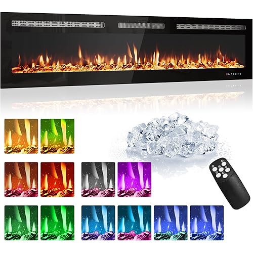60 Inch Built-In Electric Fireplace, 750/1500W Wall Mounted Recessed Heater with Remote, Timer, Touchscreen, 12 Flame Effects, Adjustable Brightness, Low Noise Linear Fireplace for Living Room Bedroom