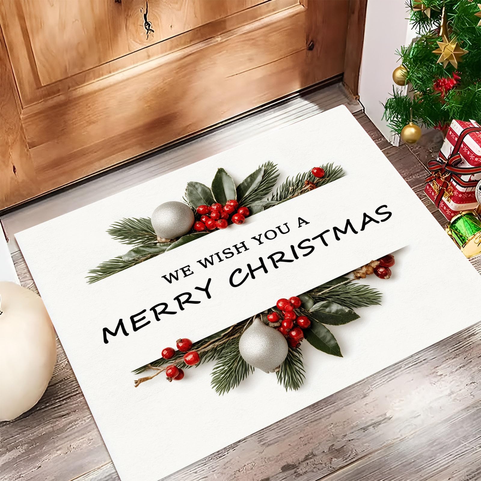 Fußmatte außen und innen, 60x120 cm Weihnachtselemente rutschfest Sauberlaufmatte Blätter und Blüten Waschbar Dünn Fußabtreter Willkommens Eingangsteppich für Haustür, Flur, Patio, Weiß