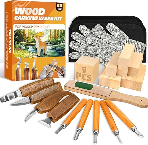 Kit de tallado de madera, 23 piezas de herramienta de tallado de madera con 4 cuchillos de tallado de madera y 5 cuchillos de detalle, 9 bloques de