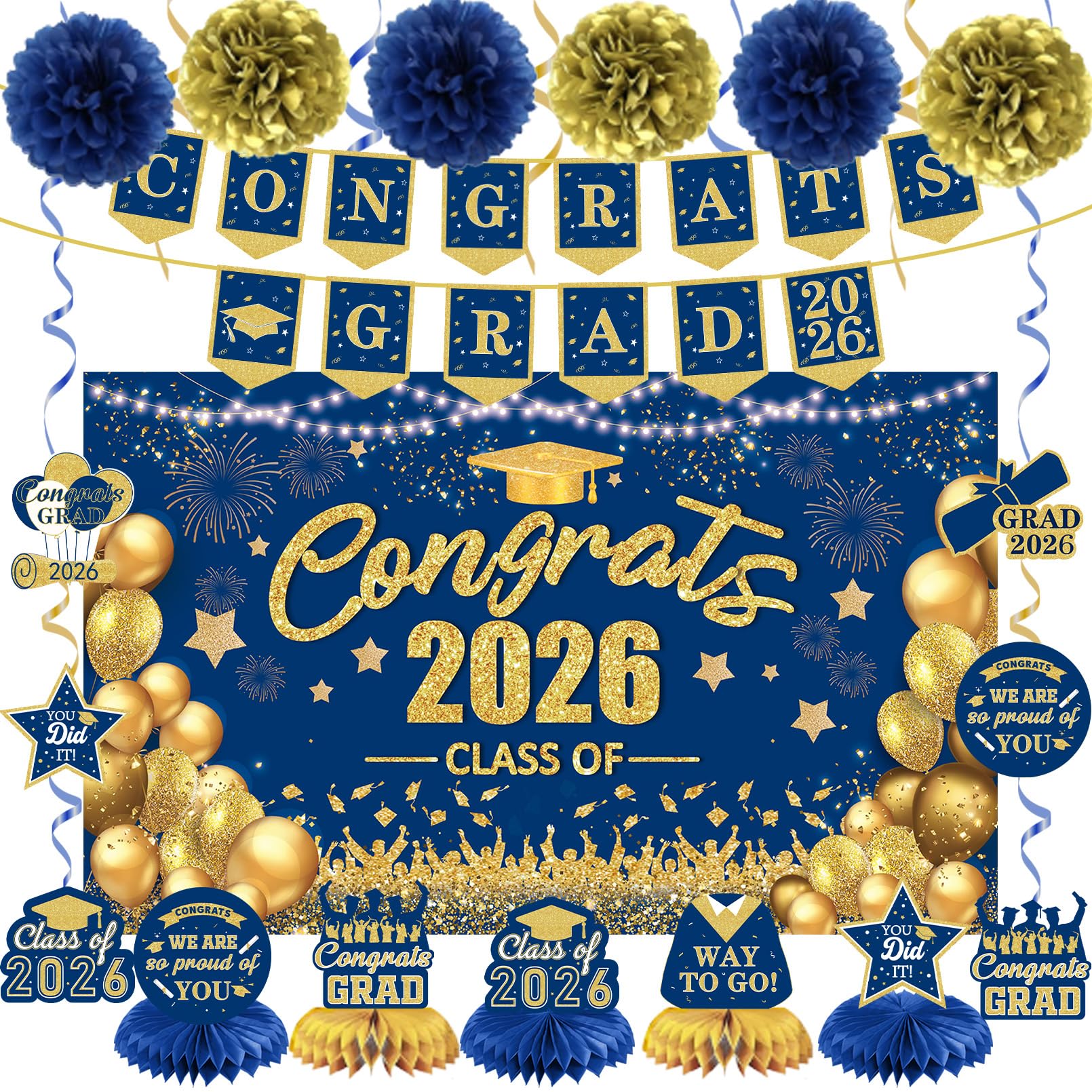 Photo 1 of Navy Blue and Gold Graduation Decorations Class of 2026 Grad Party Decor Pack: Congrats Grad Banner and Graduation Backdrop with Graduate Centerpieces Hanging Swirls Tissue Pom Poms Flower Set