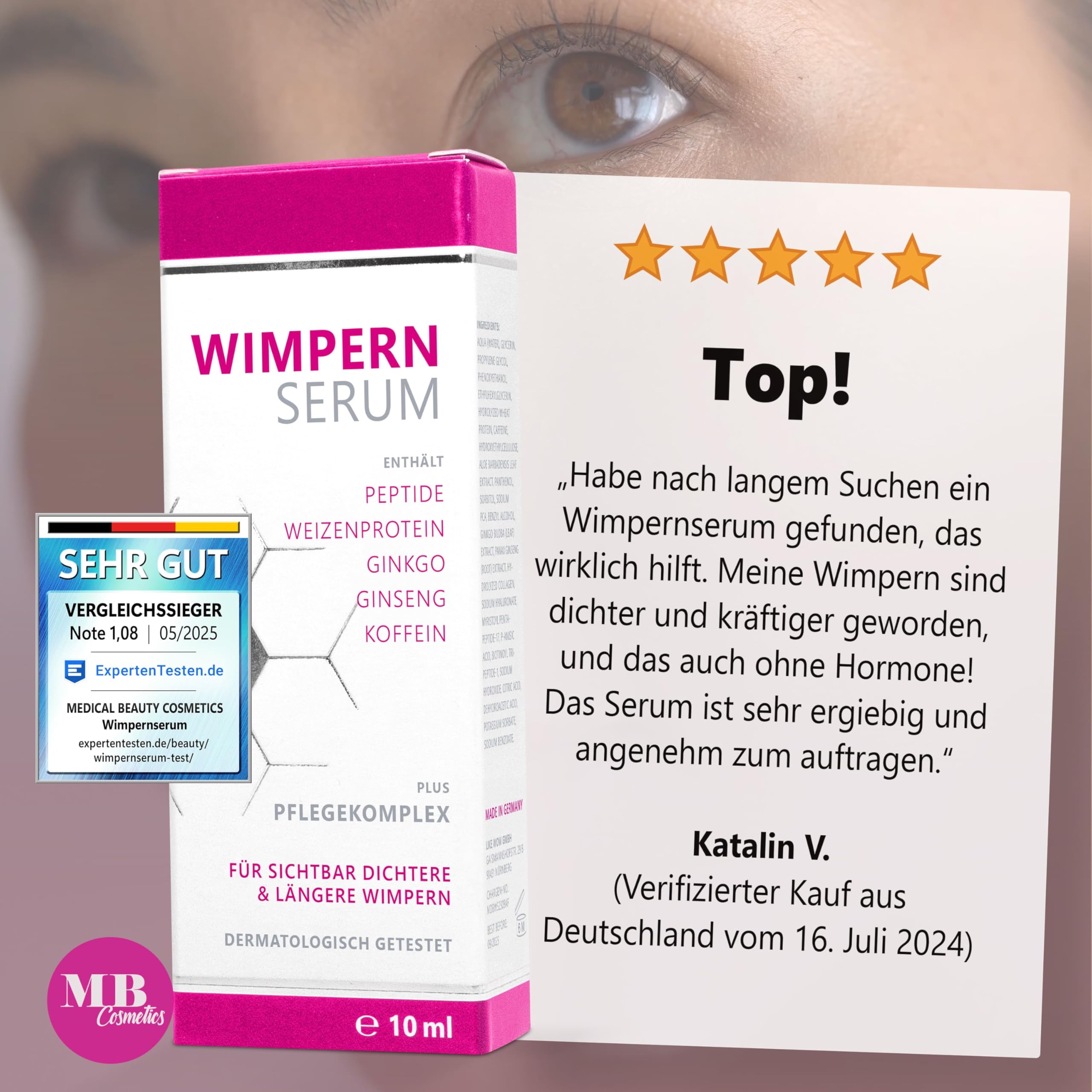Testsieger 2025: Hormonfreies Wimpernserum 10ml mit Hyaluron, Kollagen, Peptiden, Weizenprotein – Wimpernserum ohne Hormone schützt und kräftigt die Wimpern. Mit Aloe-Vera, Ginseng und Panthenol.