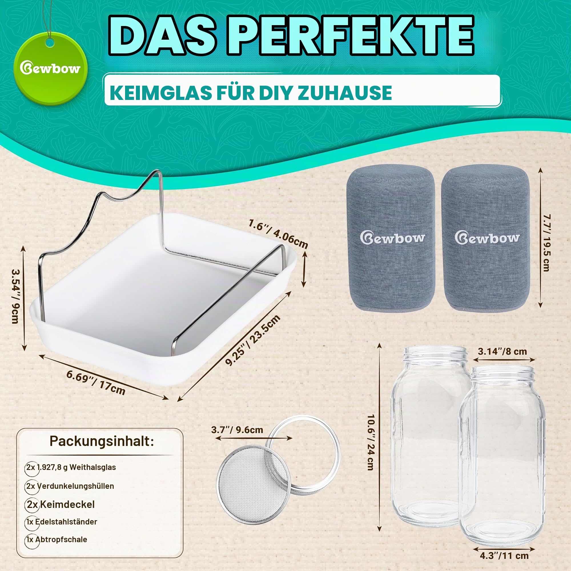 Große Größe: 2000 ml Saatgut-Keimglas-Set mit Ständer, Ablaufschale, Bildschirmdeckel, Verdunkelungshüllen, gute Belüftung und Drainagekapazität, Anbau von frischen Bio-Mungbohnen, Brokkoli und