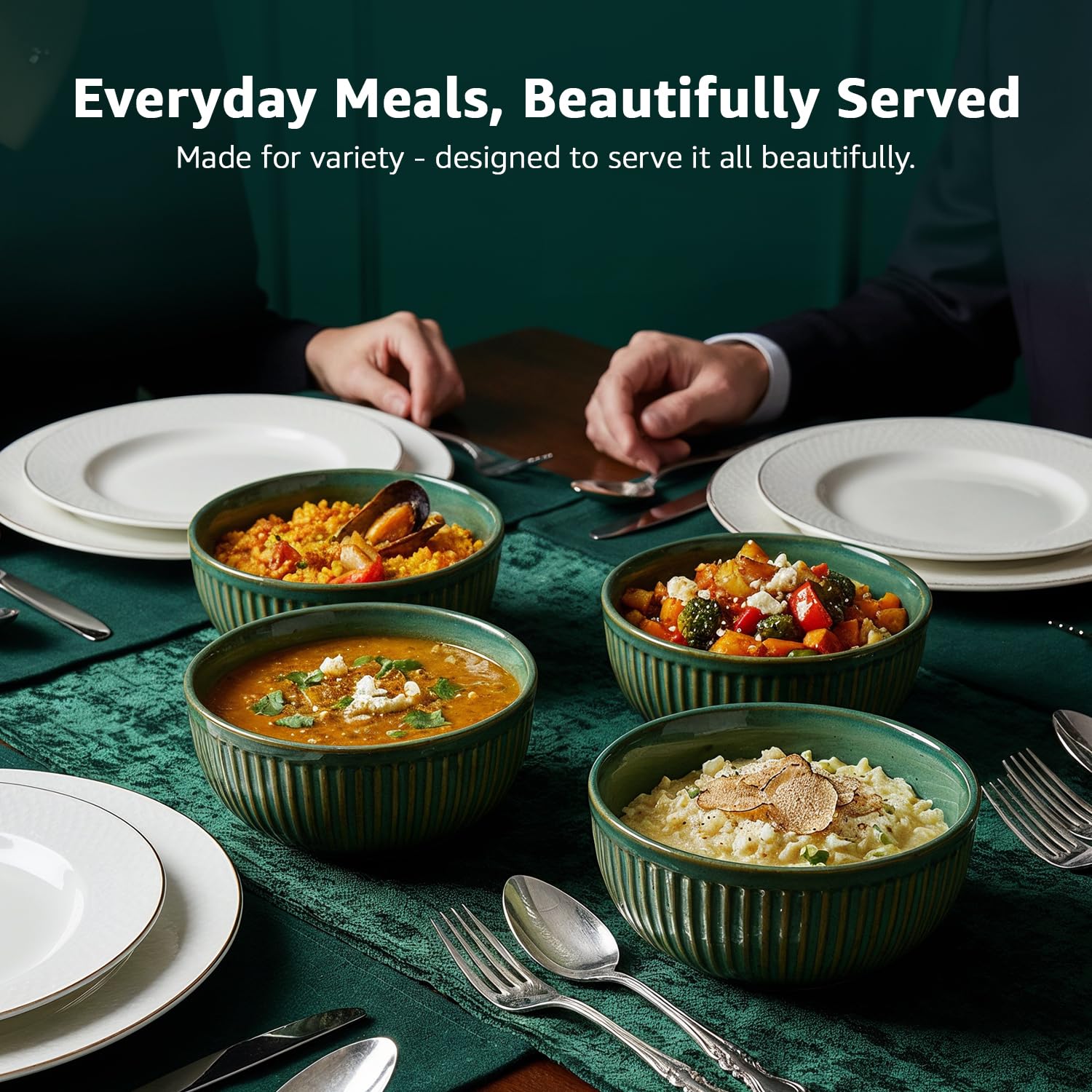 Solimo Green Ceramic Bowl Set of 4, 500 ML Each | Serving Bowls | for Rice, Dal, Fruits, Salad, Snacks | Dishwasher & Microwave Safe | Textured 3