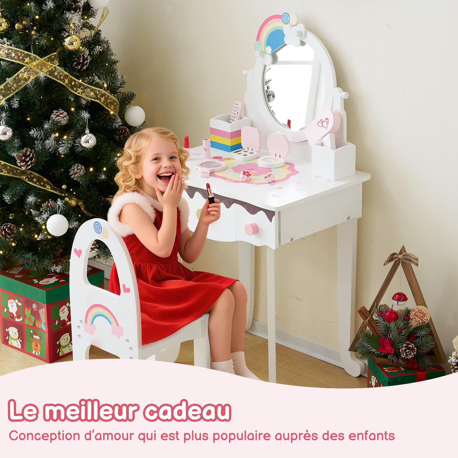 LALAHO Coiffeuse pour Enfants avec Miroir à Trois Volets, Tabouret et 7 Accessoires de Maquillage Jouet (Blanc)