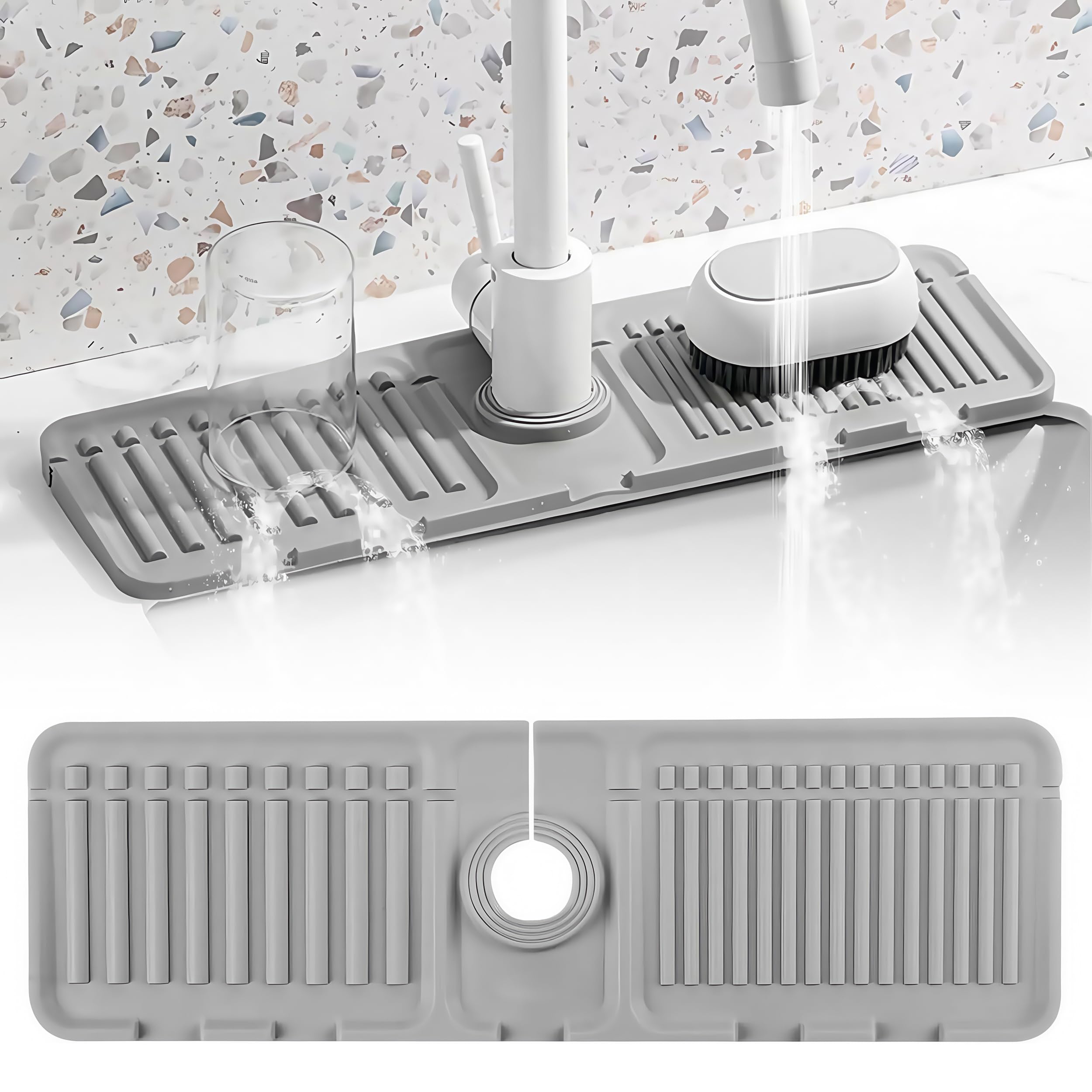 VINEGO Faucet Mat for Kitchen Sink - 2024 Premium Upgrade: Enhanced Silicone Splash Guard with Rapid Drying & Dish Soap Sponge Holder, Perfect for Stone Sinks in Kitchen & Bathroom (Gray, 1 PCS)
