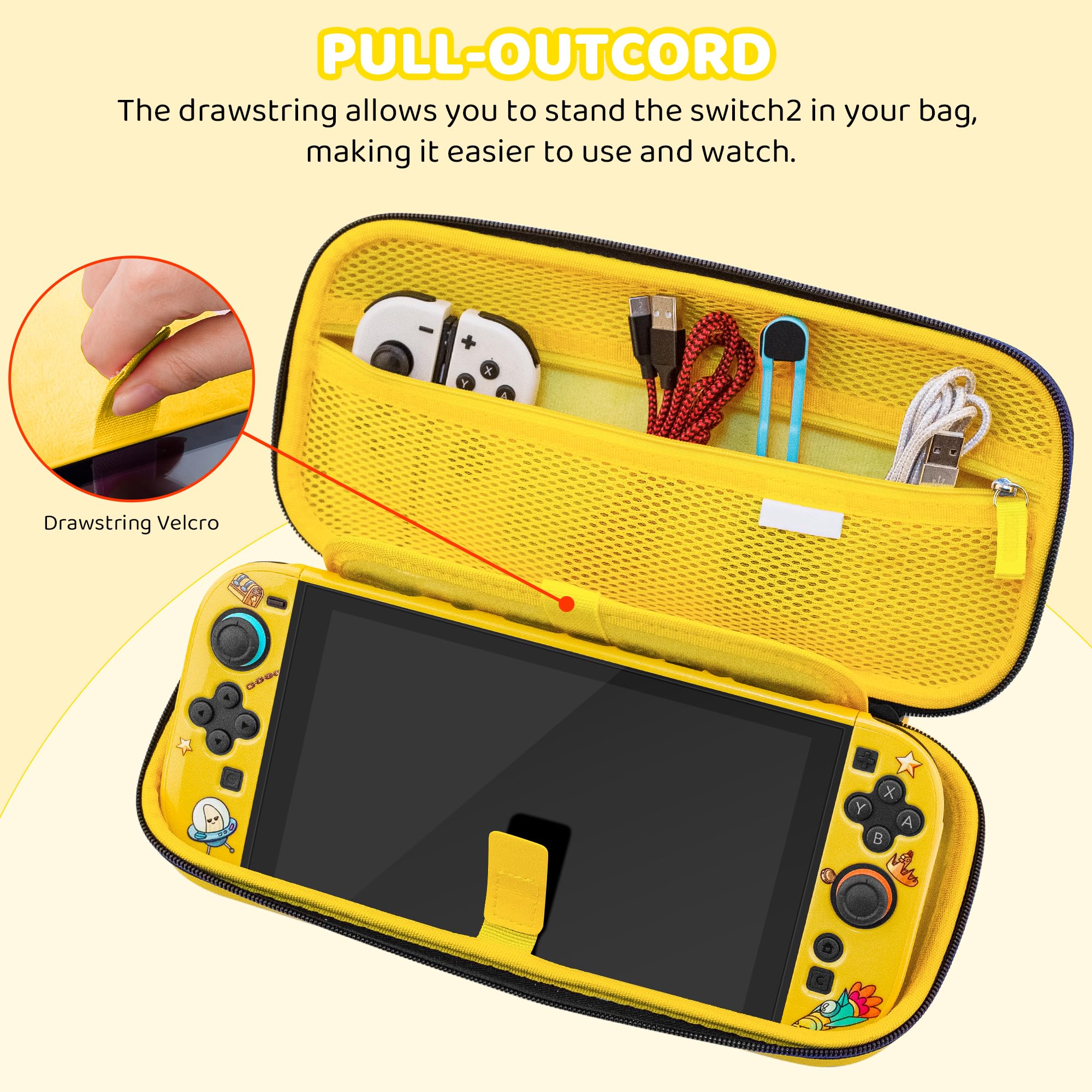 RHOTALL Sac de transport jaune pour Nintendo Switch 2, étui de voyage rigide pour Fortnite Peely, Switch 2 accessoires, étui de protection et sac de rangement avec 12 emplacements et film de