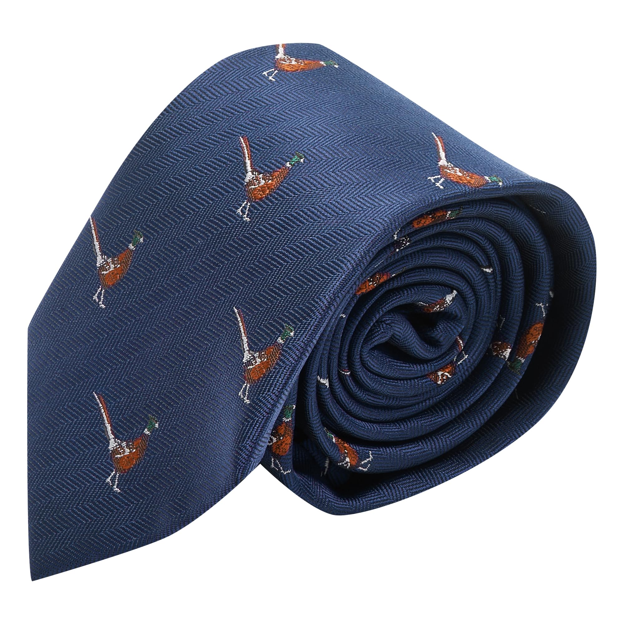 King & Priory Navy Blue Herringbone Embroidered Pheasant Tie
