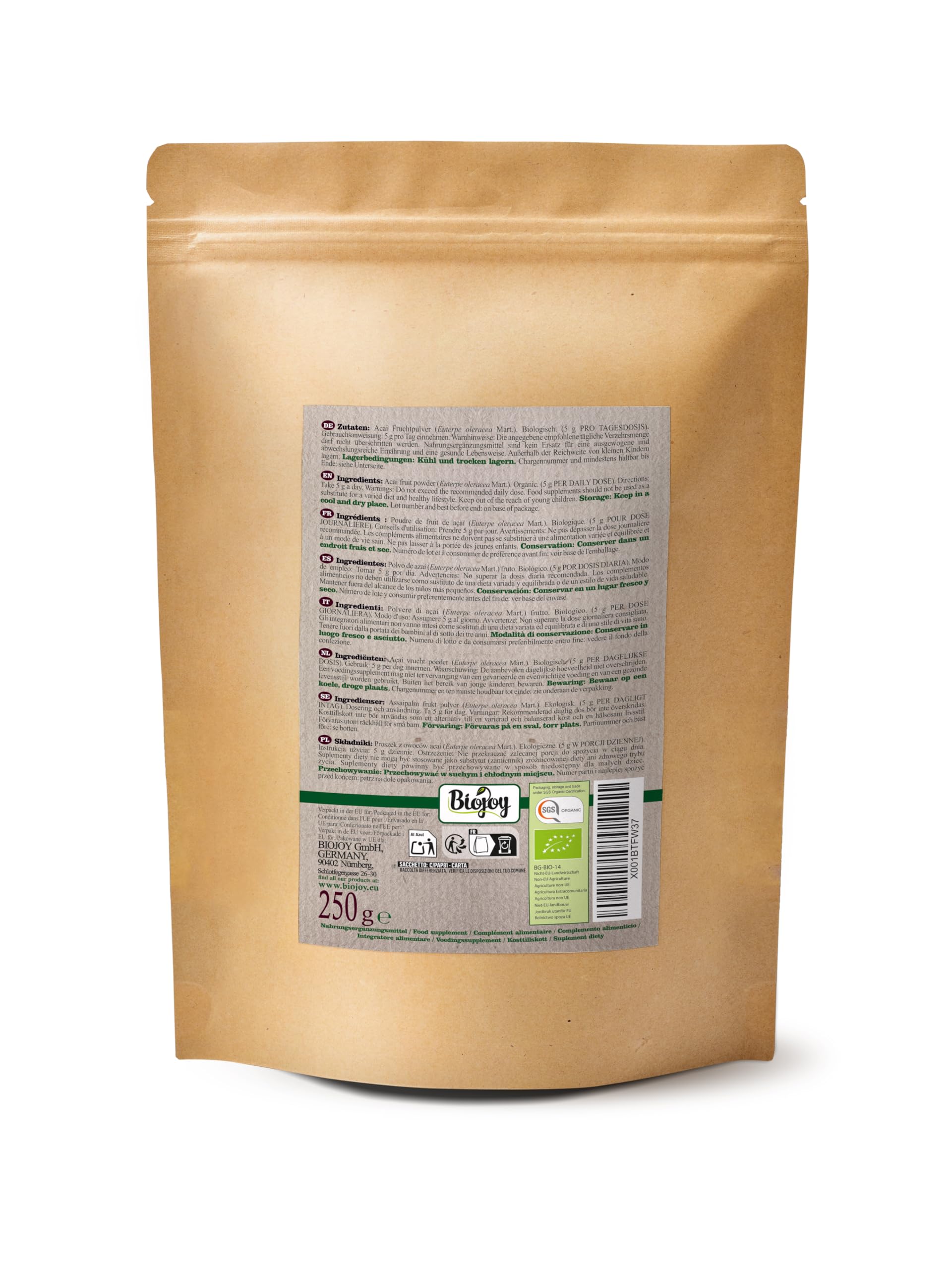 Biojoy Açaï en Poudre BIO (250 g), Poudre de Baies d’Acai lyophilisé (Euterpe oleracea Mart.)