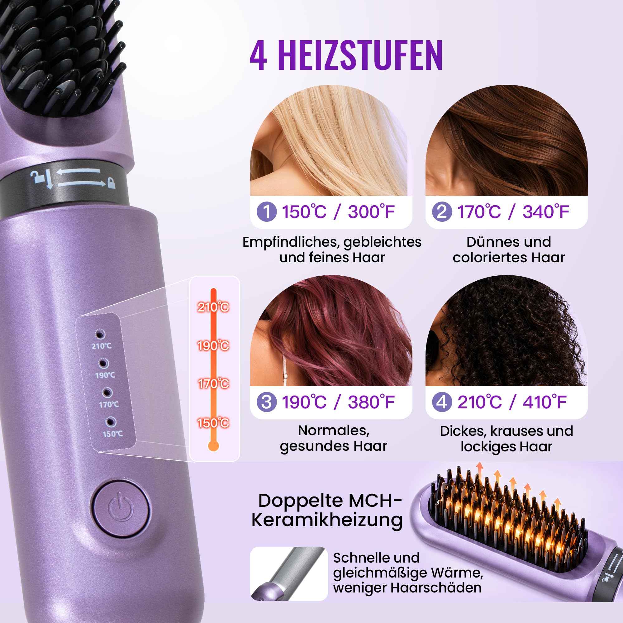 Cepillo para rizar y alisar inalámbrico 2 en 1, mini cepillo de viaje portátil para mujeres, color morado