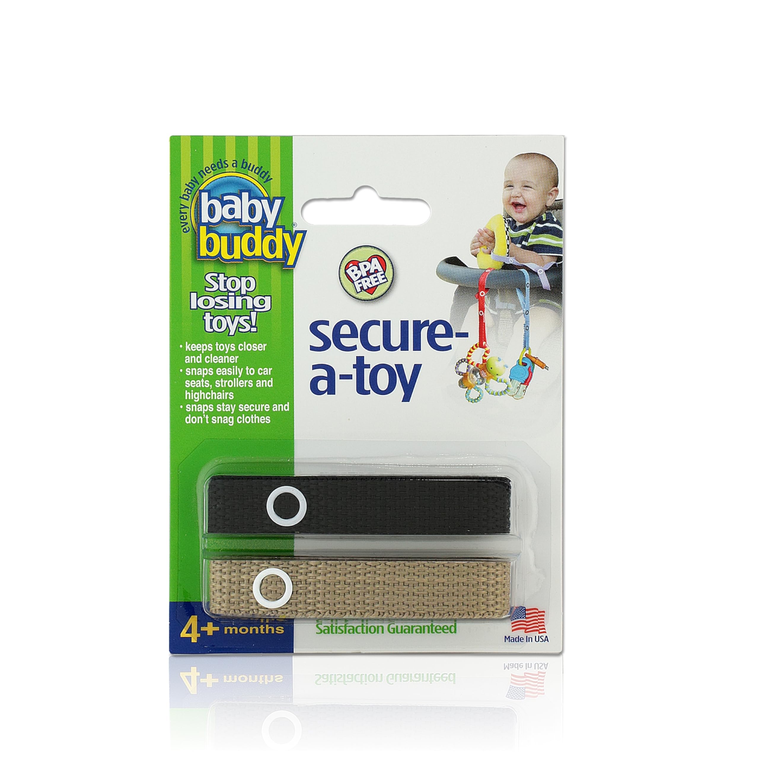 Baby Buddy Secure-A-Toy, Sicherheitsgurt sichert Spielzeug, Beißring oder Schnuller an Kinderwagen, Hochstühlen, Autositzen – verstellbare Länge, um das Spielzeug hygienisch sauber zu halten, Schwarzbraun, 2 Stück