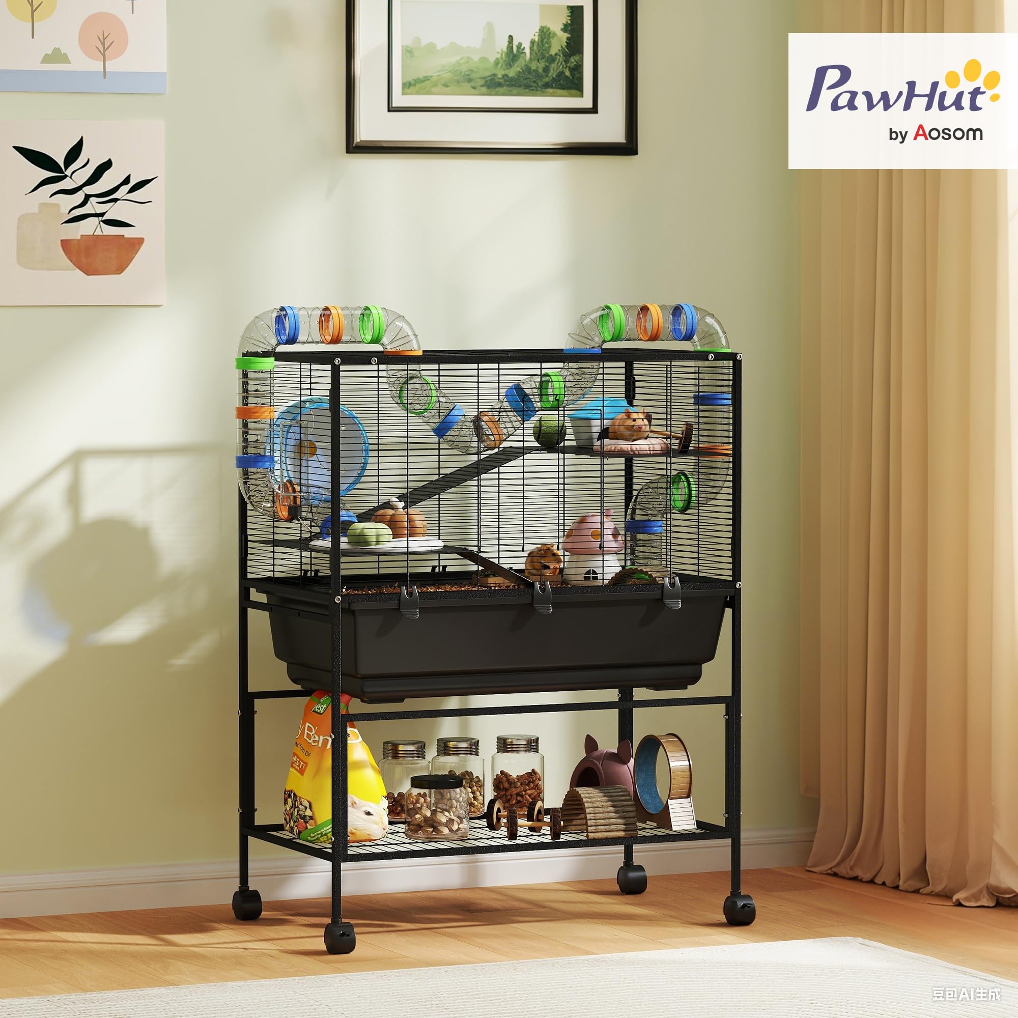 PawHut Hamster Cage, 3 Tier Large Gerbil Cage on Wheels with 17 cm Deep Tray, Storage Shelf, Big Exercise Wheel, Tube System, Hut, Platforms, Ramps, Food Dish, Water Bottle, for Syrian Hamsters, Rats