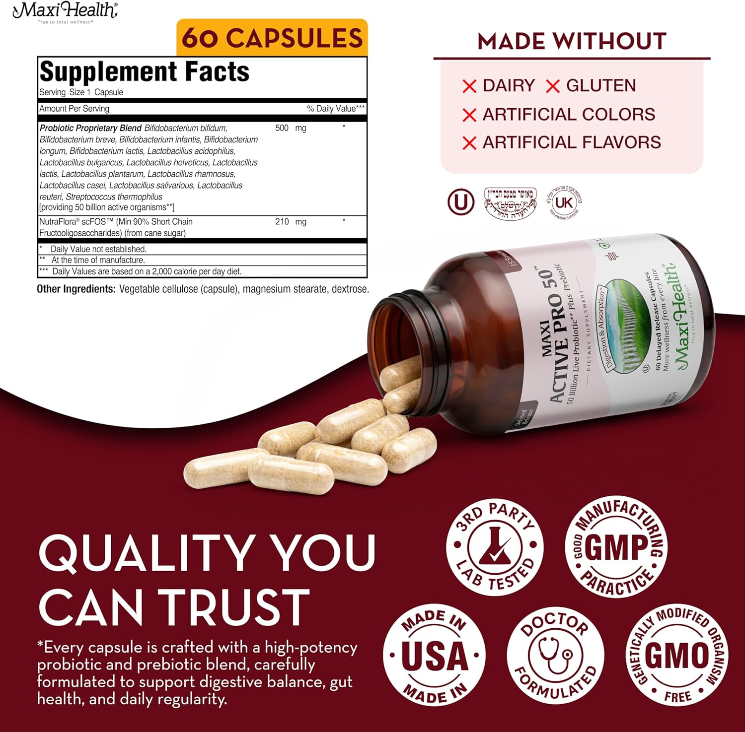 Maxi Health Probiotic Plus Ultimate Prebiotic Advanced Live Probiotics Formula - 50 Billion Live Active Probiotic - 15 Strains - Ultra Protection - Active Pro-50-30 Count