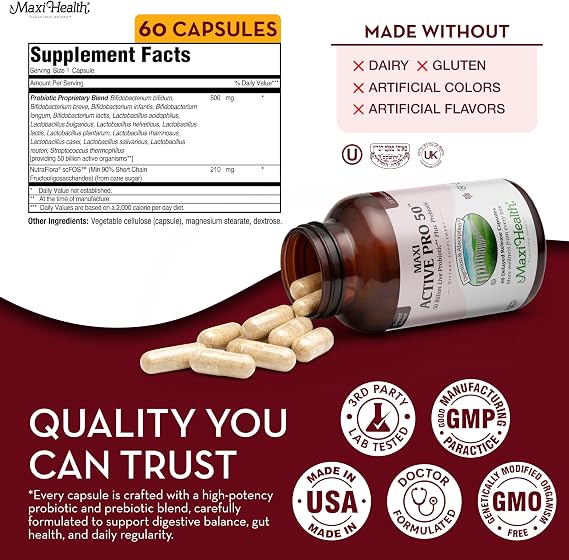 Maxi Health Probiotics for Women & Men Plus Prebiotics 15 Strains for Digestive Support Probiotics for Digestive Health with 50 Billion CFU Kosher, Vegan, Delayed Release, 30 Count, Pack of 1