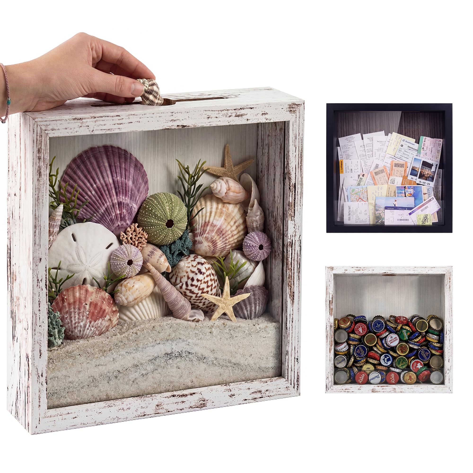 GraduationMall 20x20cm 3D Bilderrahmen für Tickets Shadow Box mit Slot,Rahmen zum Befüllen Speicherbox Weinkorken Muscheln Geschenke Vitrine Weiß