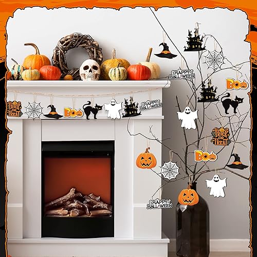 Miniatura 6 de Tradder 36 adornos colgantes de árbol de Halloween, adornos colgantes de madera con cuerdas, etiqueta de calabaza, fantasma, sombrero de bruja