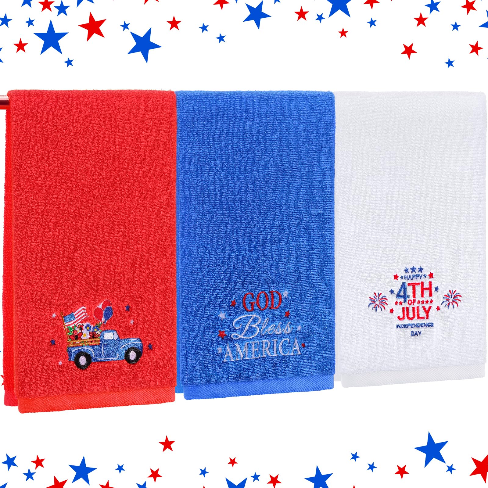 3 Pcs Patriotic Bath Hand Towels 13.8 X 29.5'' Embroidered 4th of July Independence Day Decorative Hand Towel 100% Cotton Fireworks Truck God Bless America Bathroom Towels Decor Housewarming Gifts