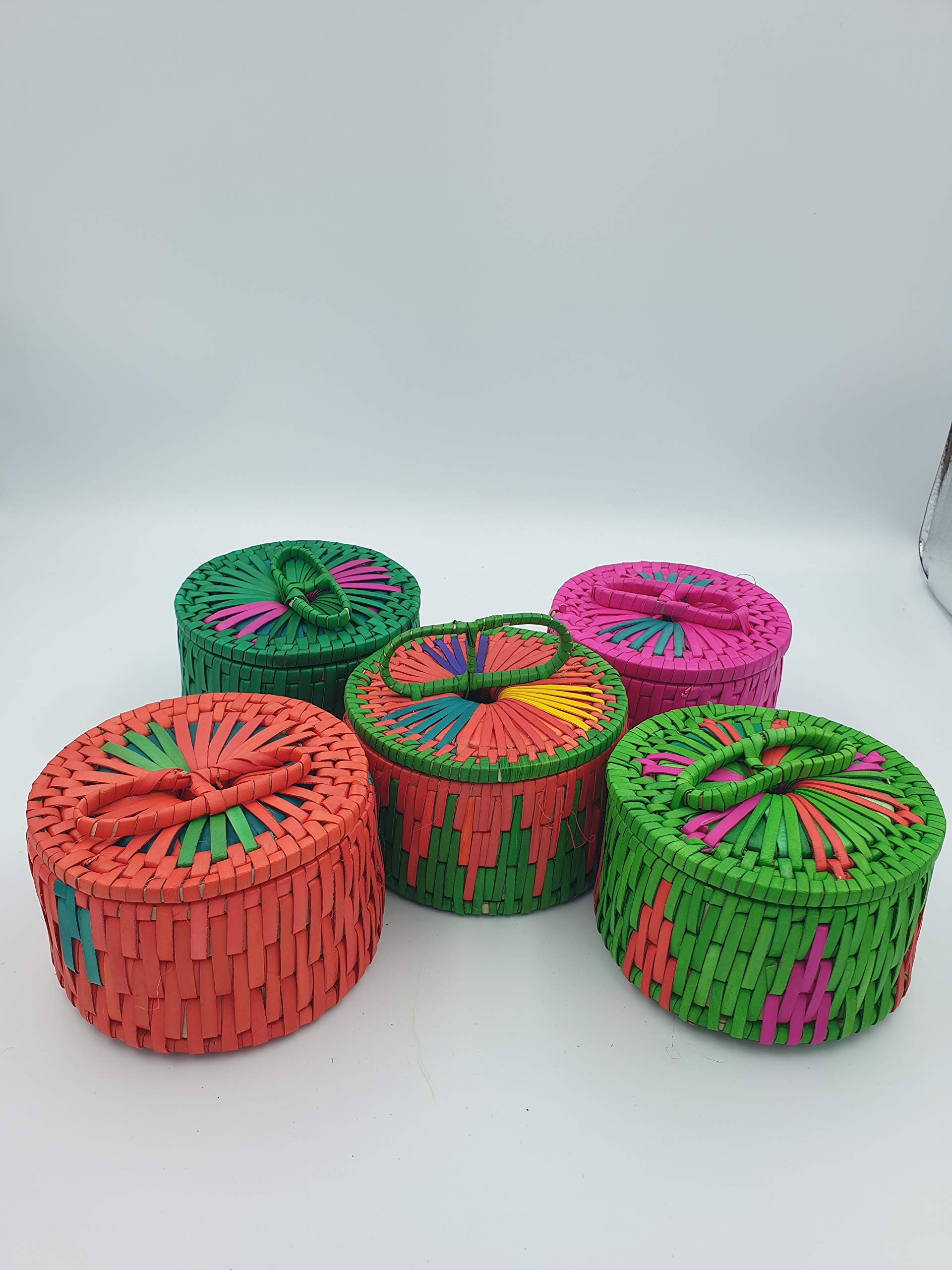 FarmCrane Hand Woven Palm Leaf Gift Box with Lid Multicolor 10 cm diax 8cm ht (Set of 4 Nos)-image-1