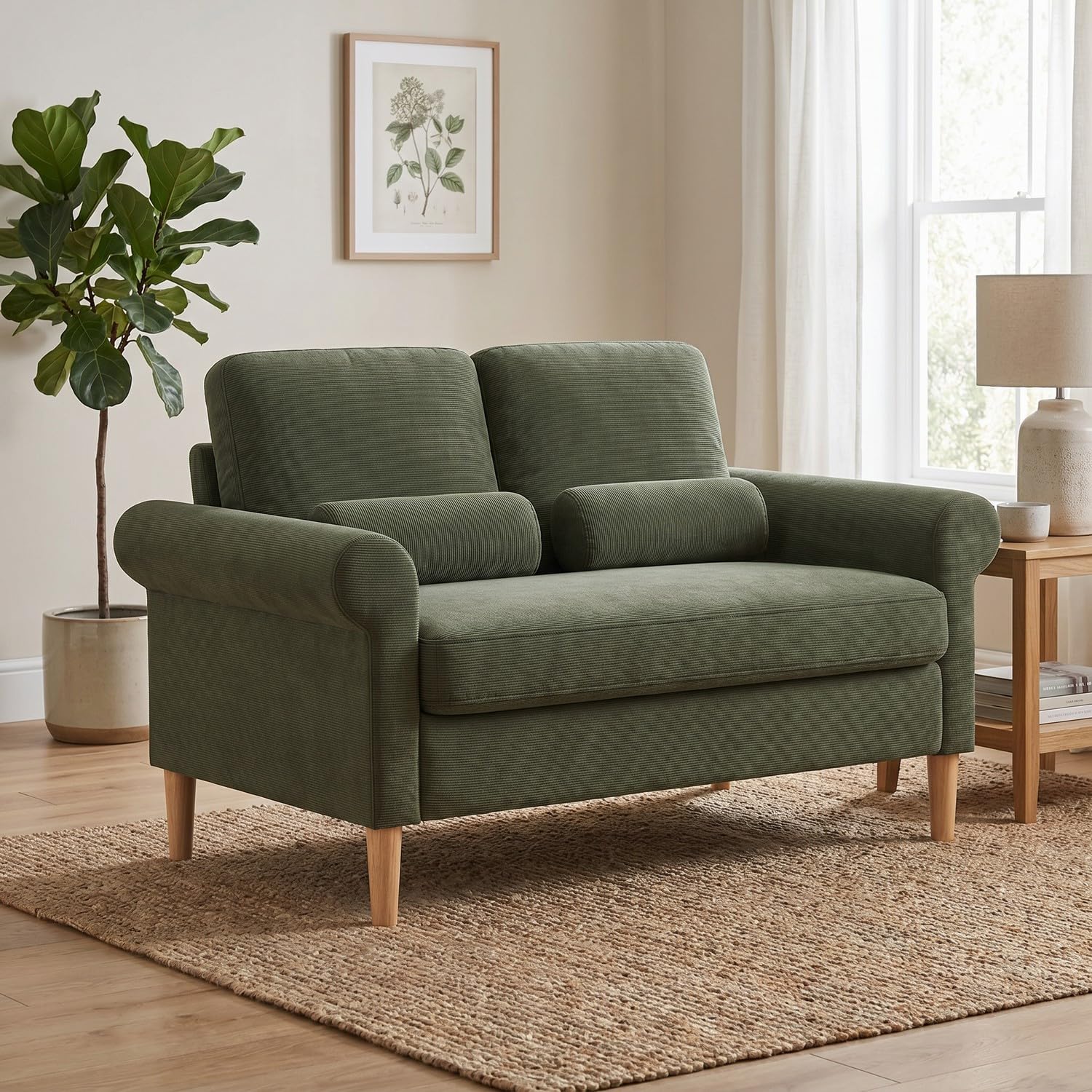 Hroth 2 Seater Sofa, Corduroy Fabric, Lumbar Cushions, Wood Legs, Green — image 1