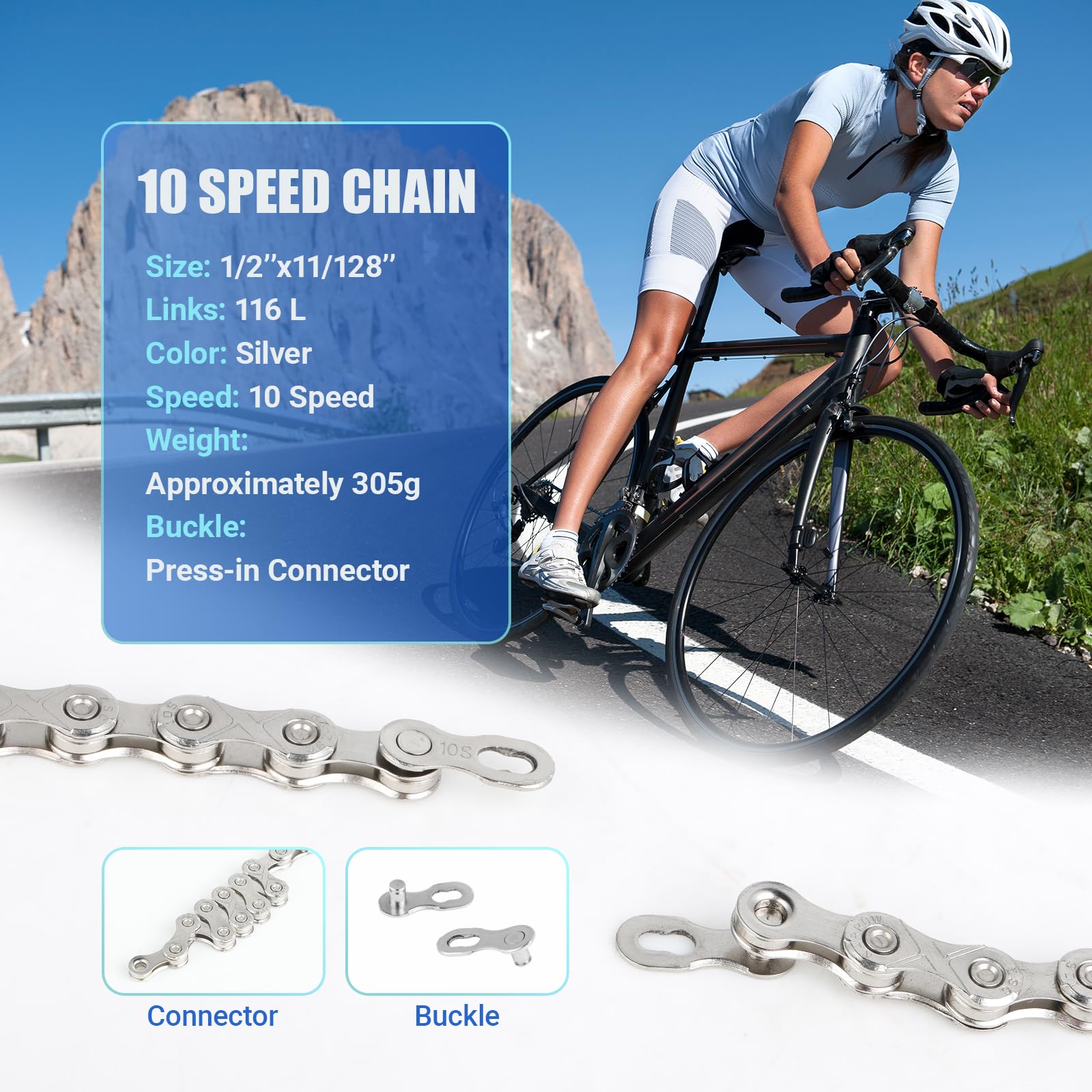 Cadena Bicicleta 10 Velocidades, 1/2 x 11/128 Pulgadas, Acero Especial, Plata, Cadena de Eslabones para Mountain Bike, Sportbike, Cadena Duradera Compatible con Varios Tipos de Bicicletas