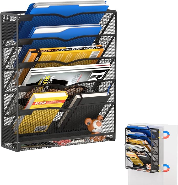 6-Tier Magnetic File Holder, No Drilling Magnetic File Organizer Folder Holder, Black Hanging Magnetic Paper Holder for Refrigerator, Whiteboard, File Cabinets, Office, Kitchen (Black, 6-Tier)