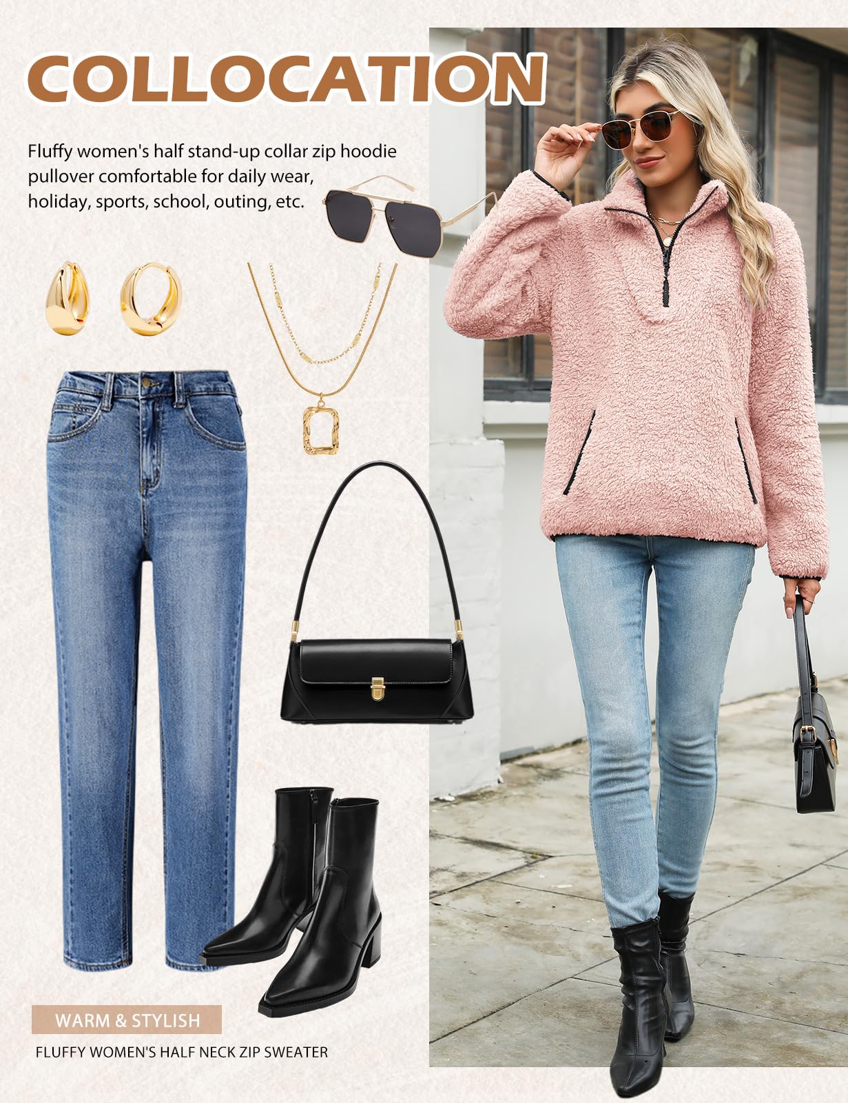 Tuopuda Sudaderas sin Capucha con Cremallera Mujer Jersey de Forro Polar Suelto Sólido Manga Larga Suéter con Bolsillos Sudadera Caliente y Esponjoso Chaquetas Tops Otoño Invierno