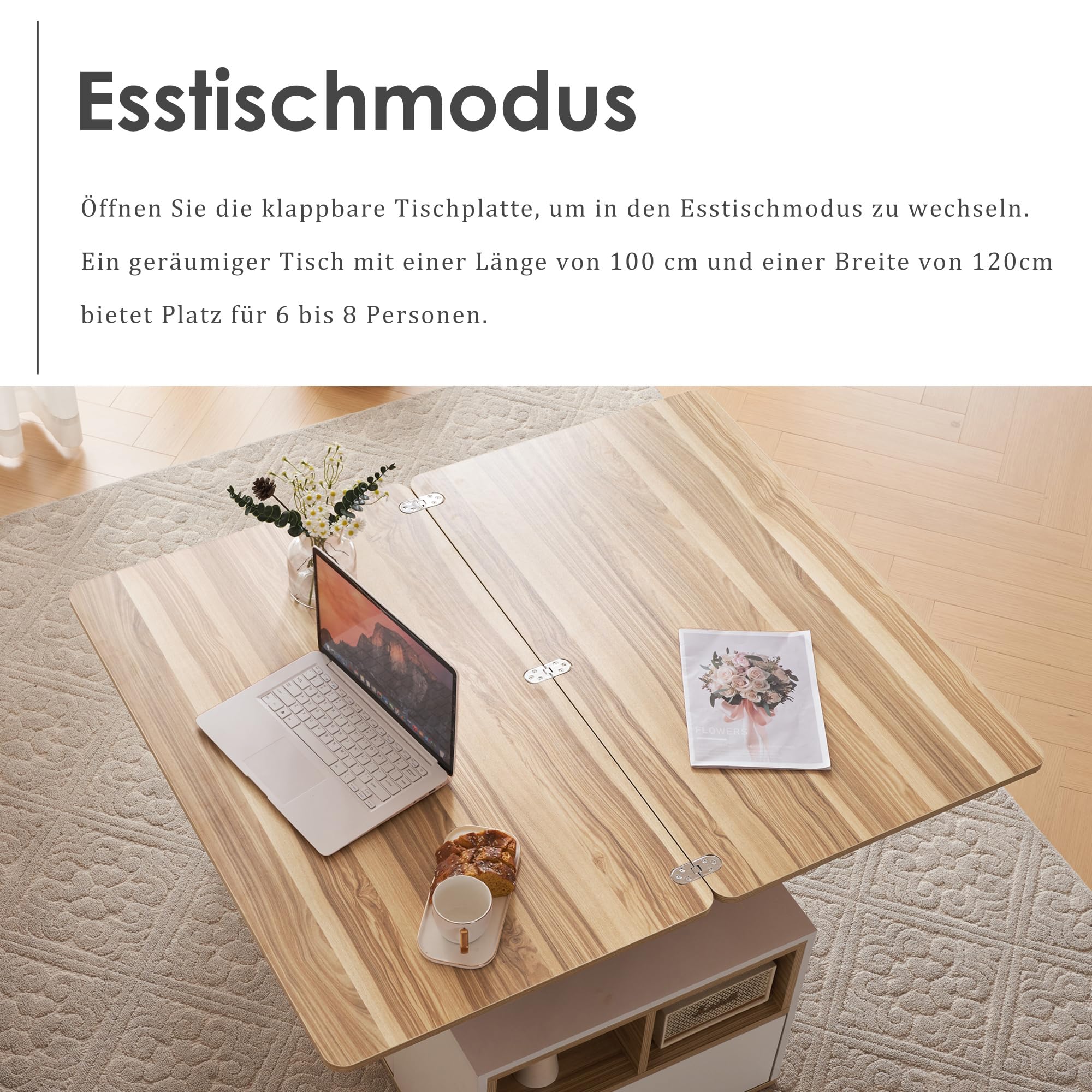 BTM Table Basse Relevable Multifonction, Plateau Devient 2, Blanc + Teinte Bois Originale, Grande Capacité, Mobilier Moderne, Bureau-Salle à Manger