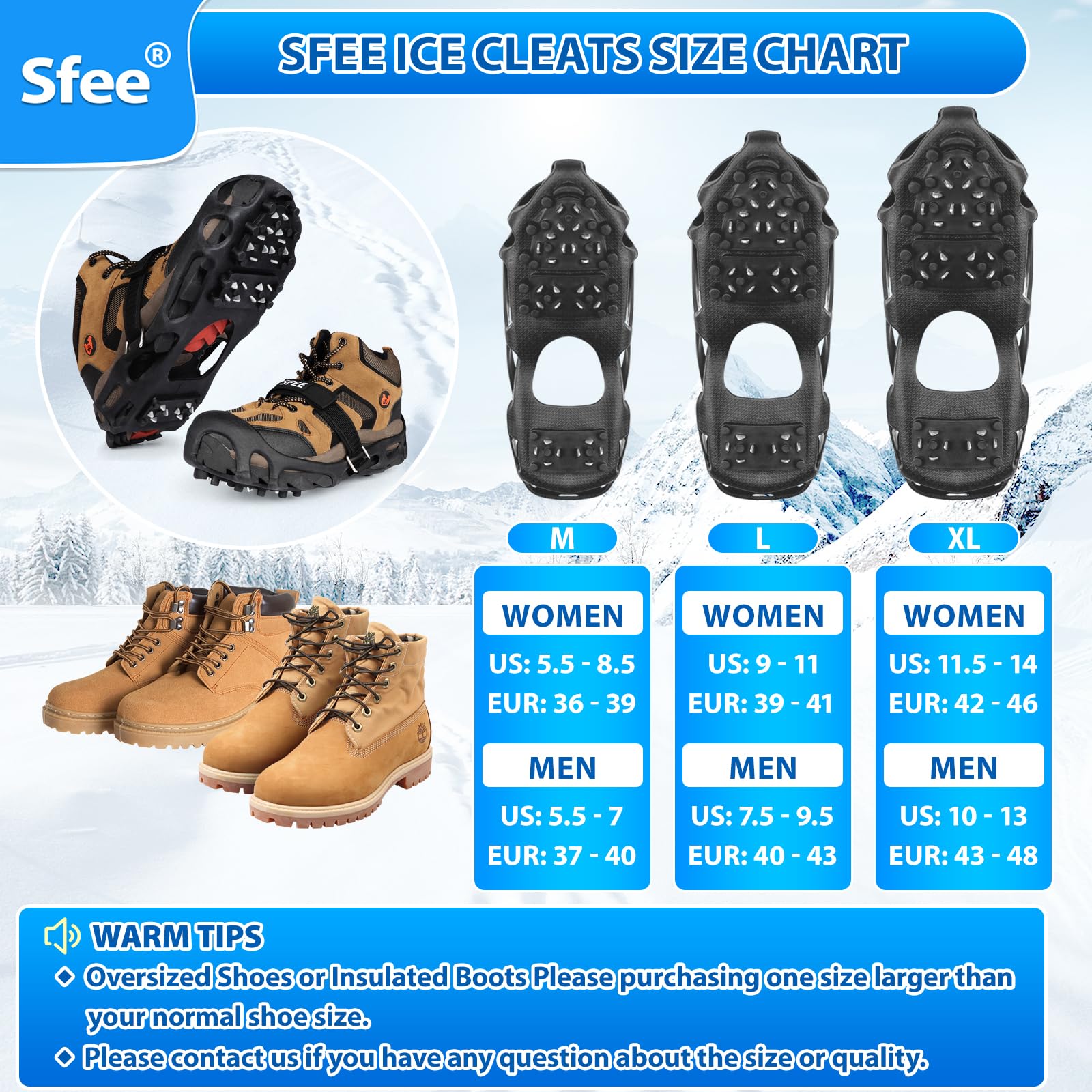 Sfee Crampons à glace pour chaussures et bottes, 28 crampons en acier ultra adhérents pour homme et femme, antidérapants, pour chaussures et bottes pour la marche, la randonnée, l'escalade, la pêche