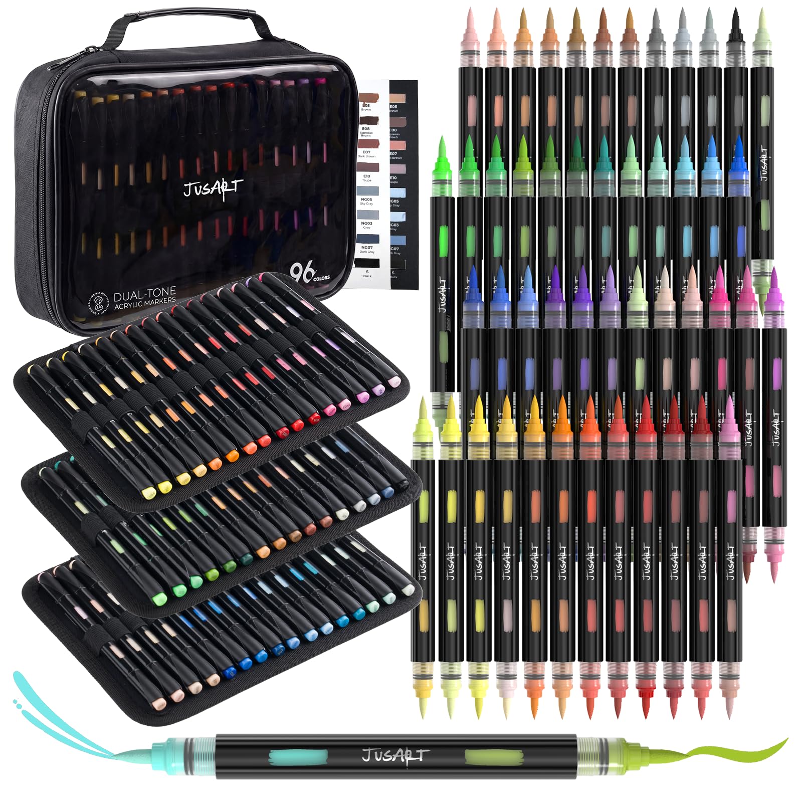 JusArt Acrylic Paint Markers 96 Colors, 48 Dual-Tip Brush Markers