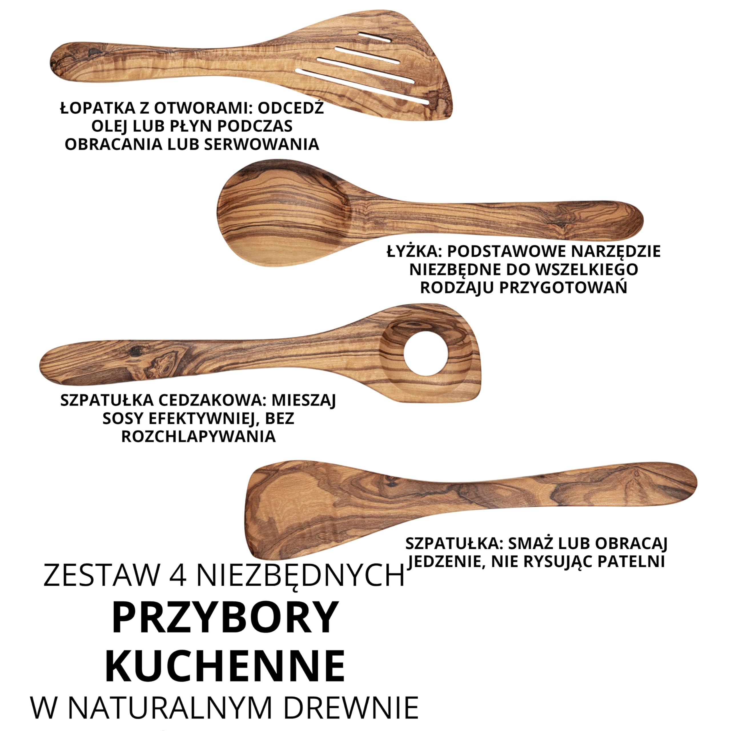 Erreke Zestaw Przyborów Kuchennych z Drewna Oliwnego, Ręcznie Wykonane Akcesoria w Stylu Śródziemnomorskim, 4-częściowy Zestaw z Łyżką i Szpatułką