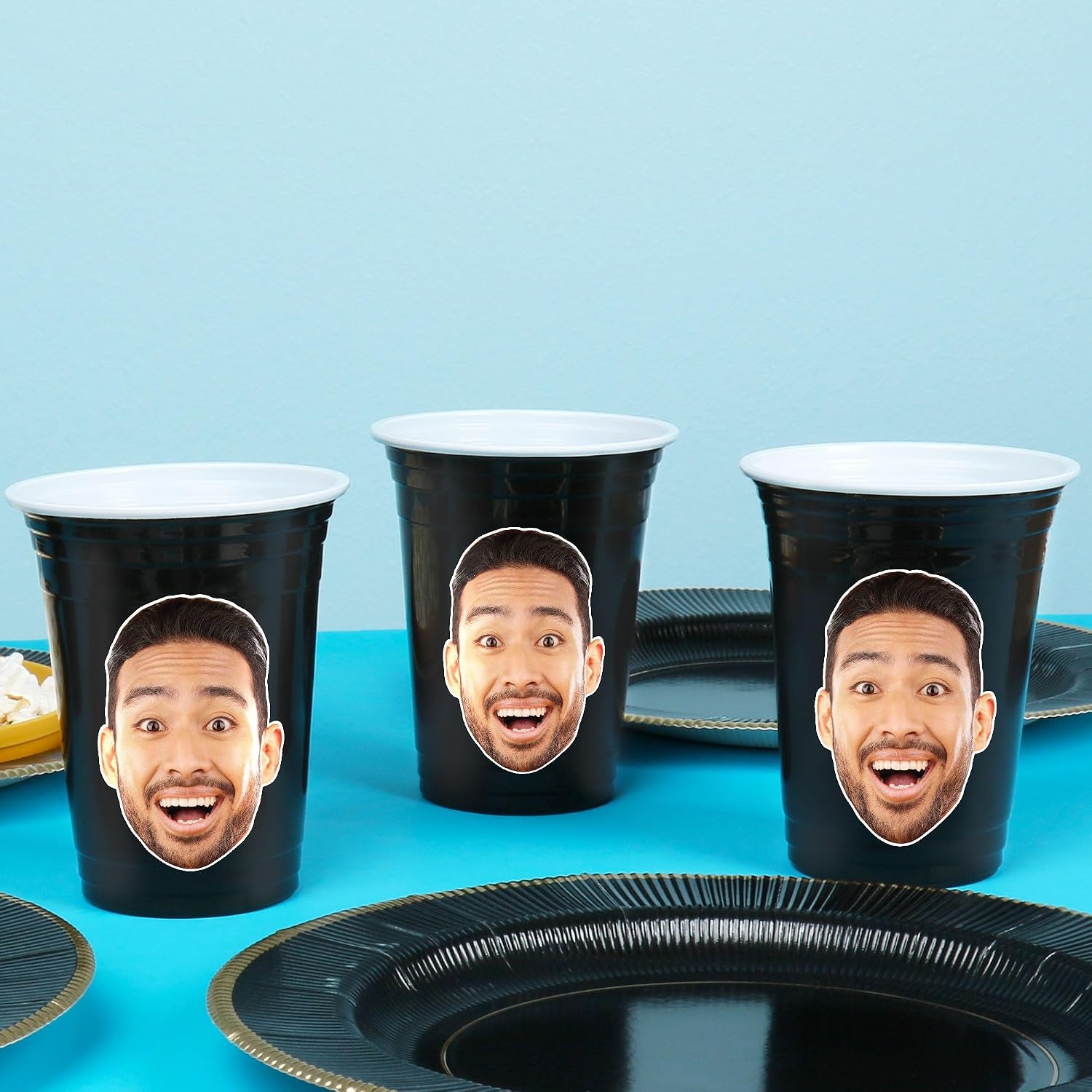 Big Dot of Happiness Custom Face Picture Cups, 16oz Disposable Drinkware, Funny Birthday, Bachelorette, Grad Party Table Decor, Custom Party Cups (Black) & Personalized Photo Cutout Stickers - 16 Ct