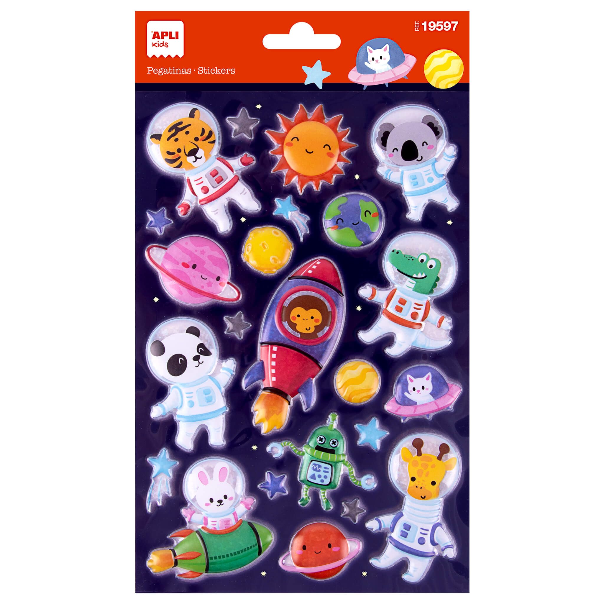 APLI Kids 19597 - Pegatinas Maxi Animales espacio, 1 hoja con 23 stickers de adhesivo permanente. Ideales para Scrapbooking, decoración o DIY