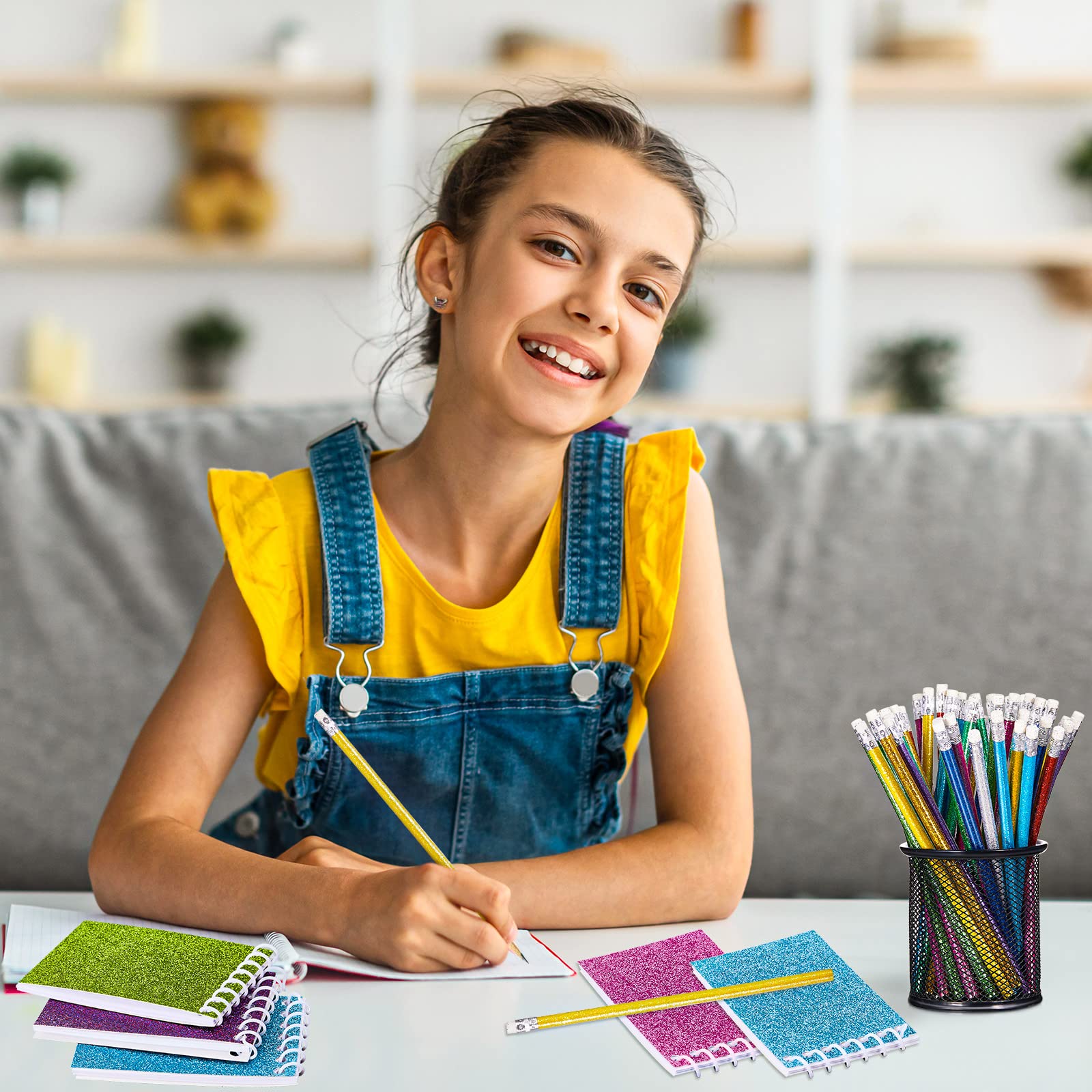 Ctosree 60 blocs de notas pequeños en espiral de prisma y 60 lápices de colores, lápices metálicos con purpurina, mini cuadernos para niños, mini bloc de notas, bloc de notas de bolsillo, bloc de