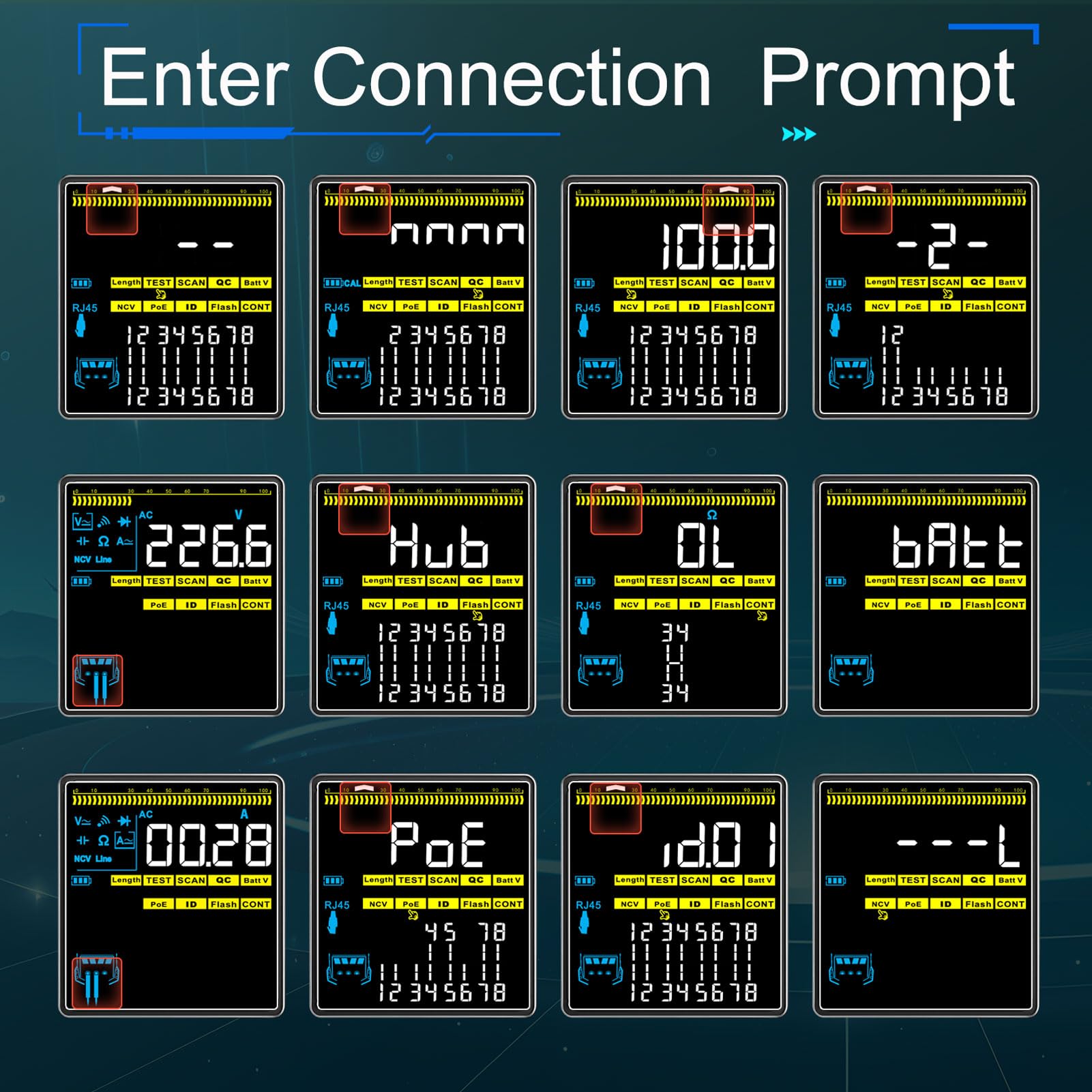 Tester per Cavi di Rete RJ45 con Misurazione Multimetro per Test su Cavi Ethernet, Rilevamento PoE e Monitoraggio della Lunghezza per i Tecnici