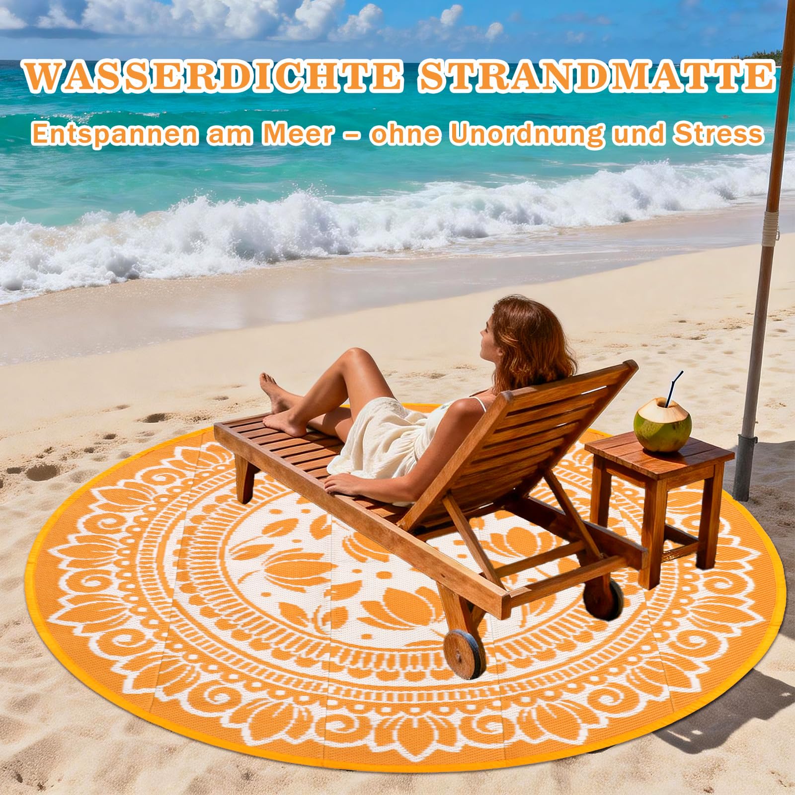 Outdoor Teppich Rund Schwarz 180 cm, Boho Wetterfest Wendbarer Outdoorteppich, Kunststoff Terrassenteppich, UV-beständige Balkon Teppich für RV Camping Deck Patio Strand Garten Picknick Orange