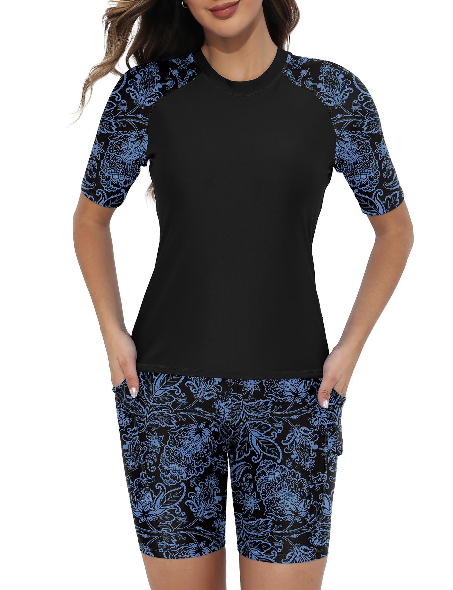 Tournesol Women's Two Piece Rash Guard Short Sleeve UPF 50+ Swim Shirts