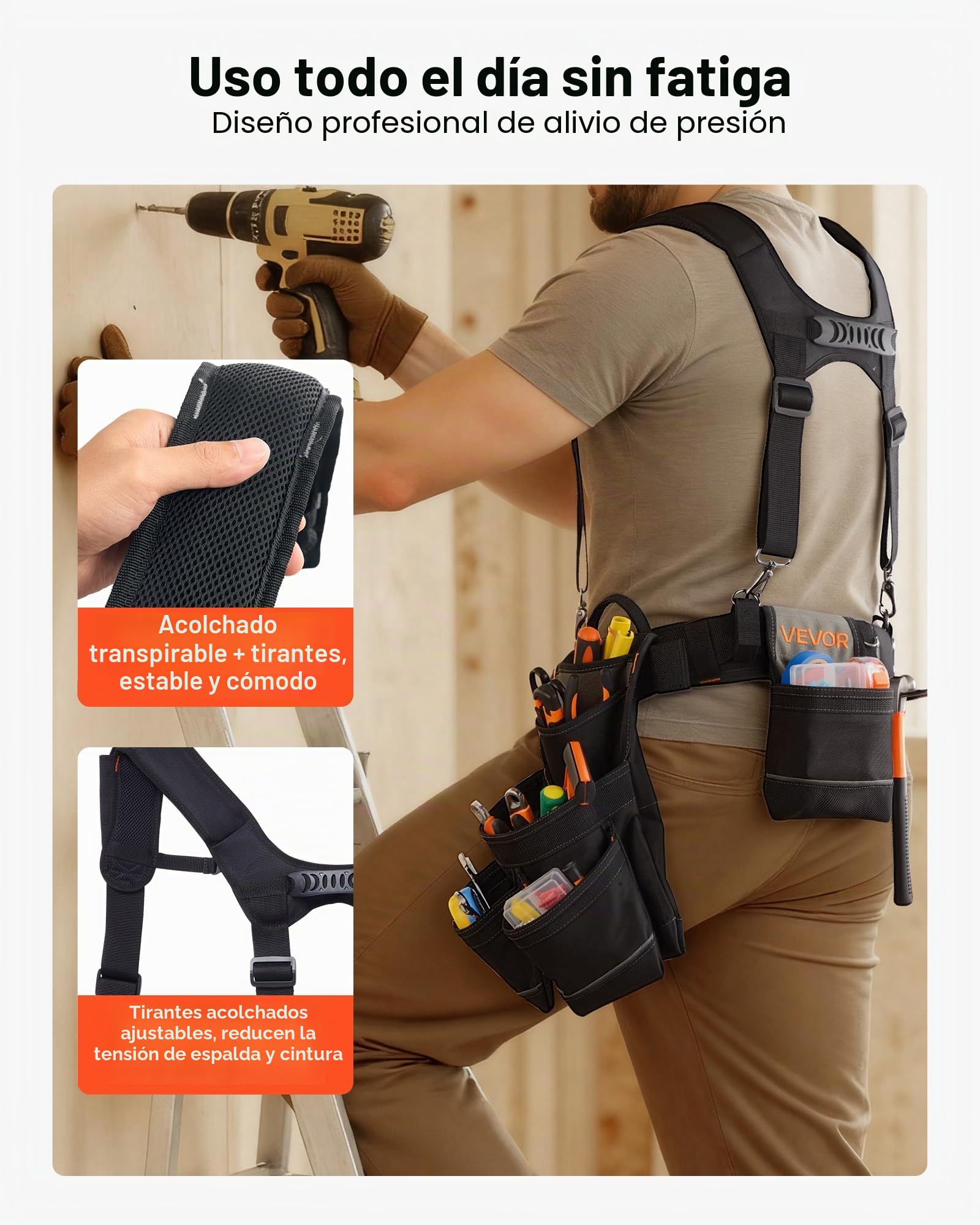VEVOR Cinturón Portaherramientas para Profesionales, con 19 Bolsillos y Tirantes, para Electricistas, Carpinteros y Trabajadores de la Construcción, Ajustable de 800 a 1310 mm, Poliéster 600D